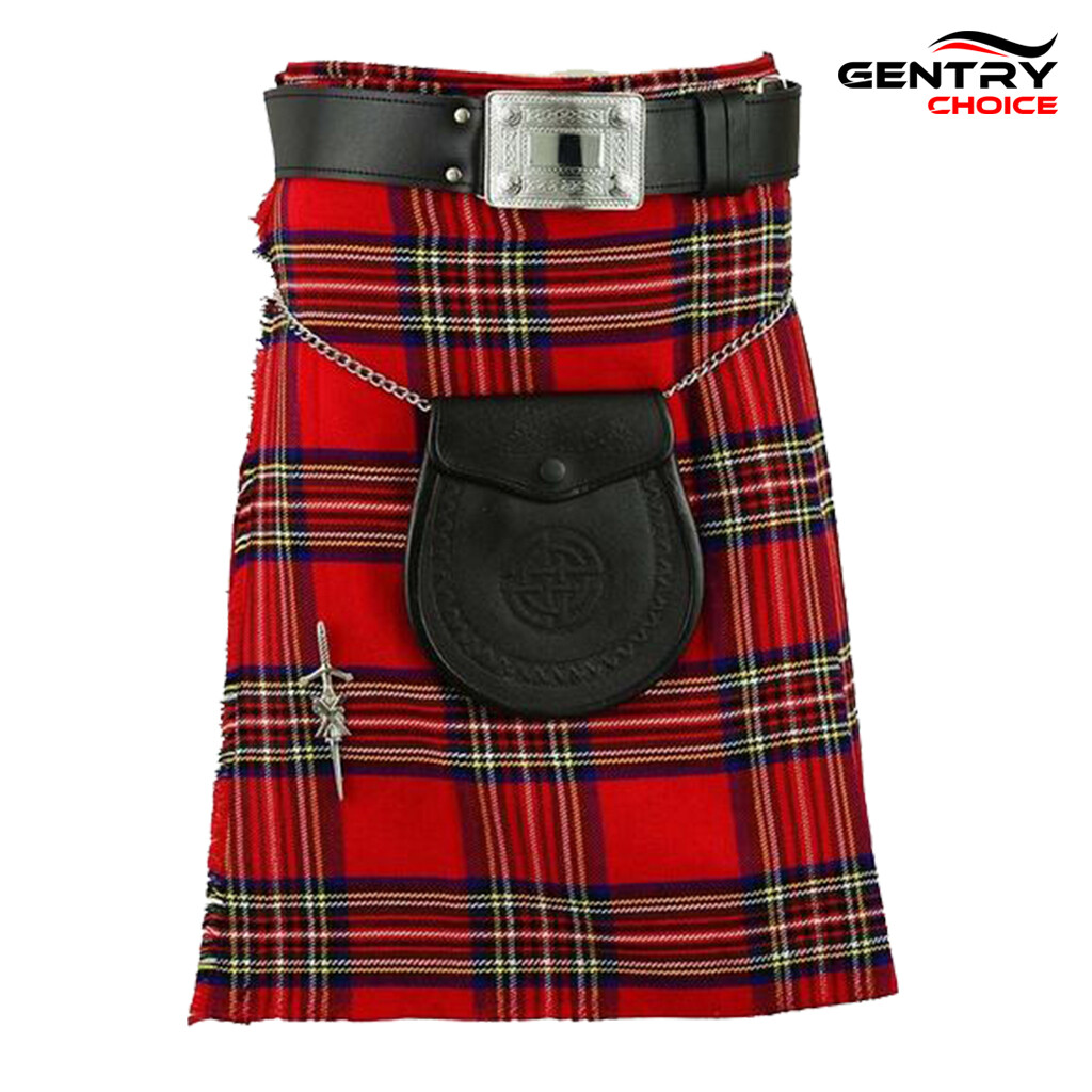 Mens Scottish Traditional Tartan Kilt Royal Stewart 8 Yards Highlanders Outfit