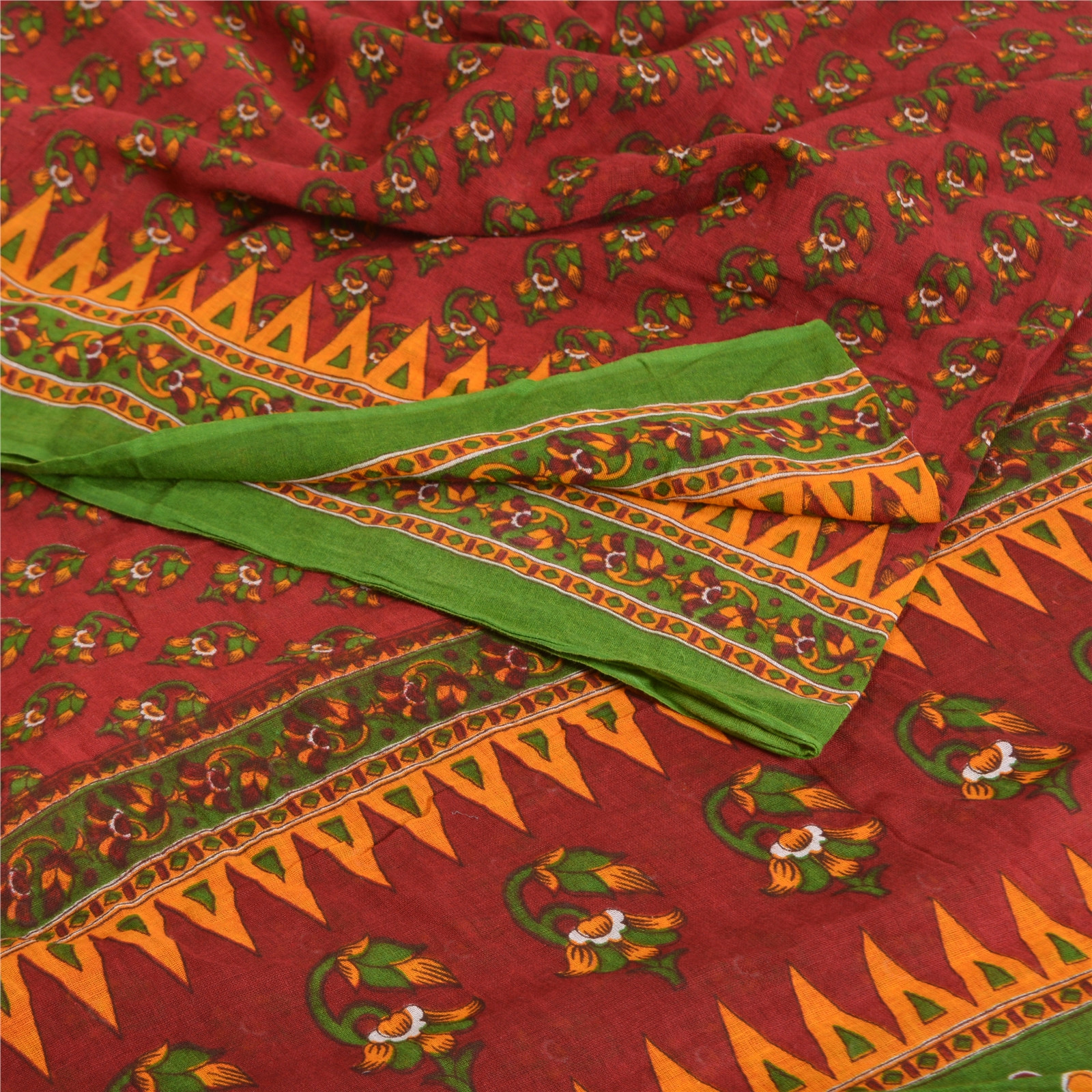 Sanskriti Vintage Sarees Dark Red 100% Pure Cotton Printed Sari 5Yd Craft Fabric