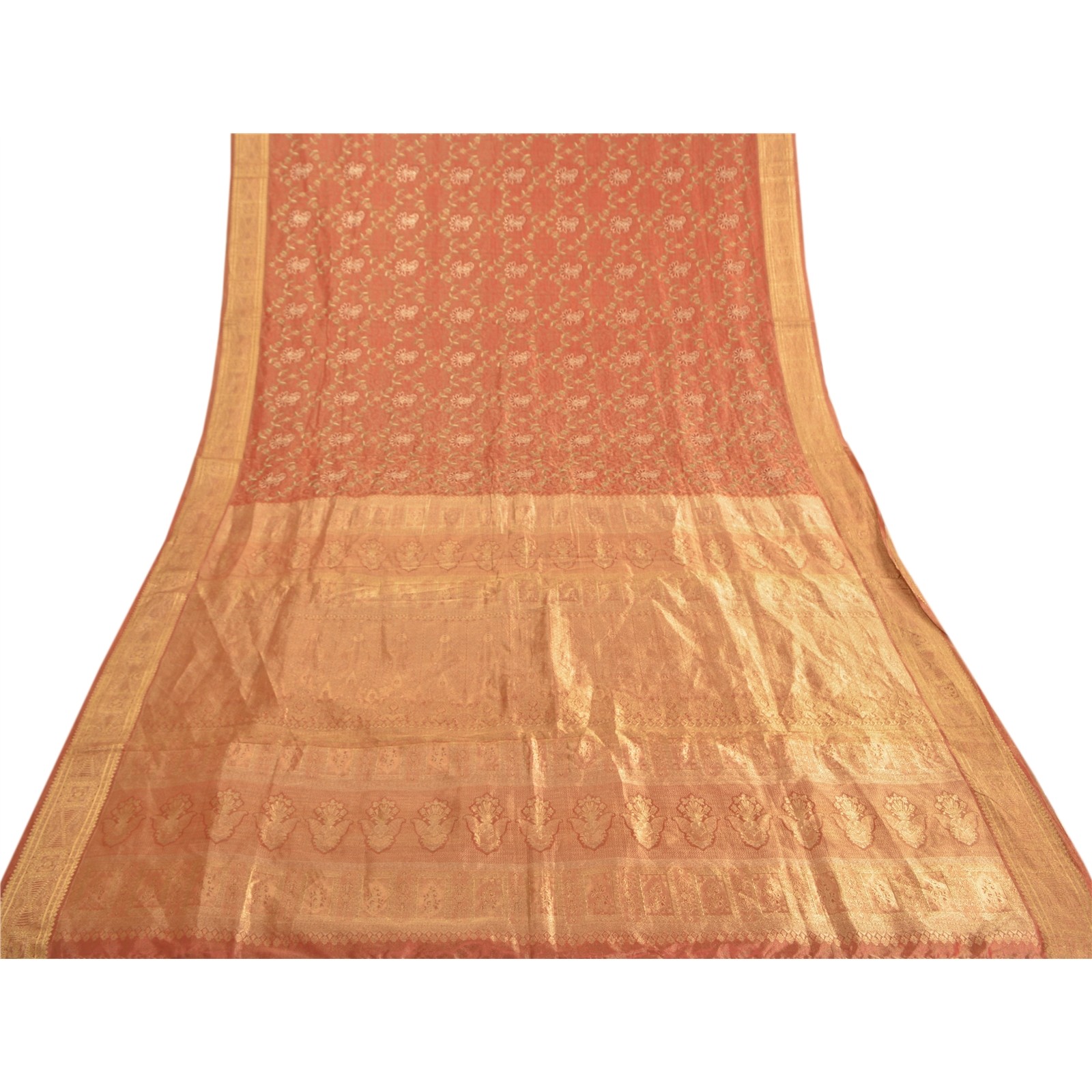 Sanskriti Vintage Red Heavy Sarees Pure Silk Brocade Embroidered Sari Fabric