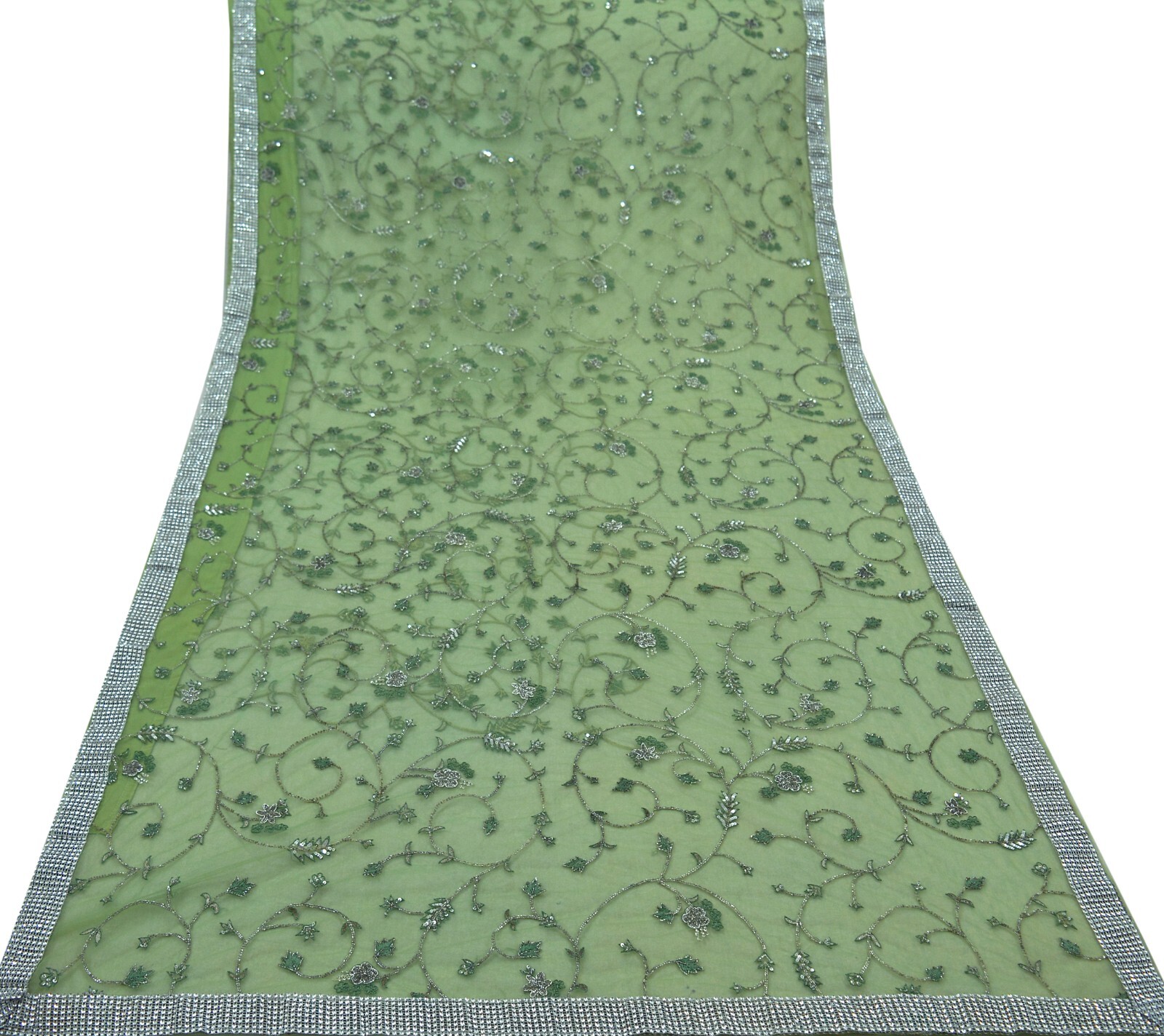 Vintage Heavy Saree Green Net/Mesh Hand Embroidered Sari Fabric 5Yd Sewing Dabka