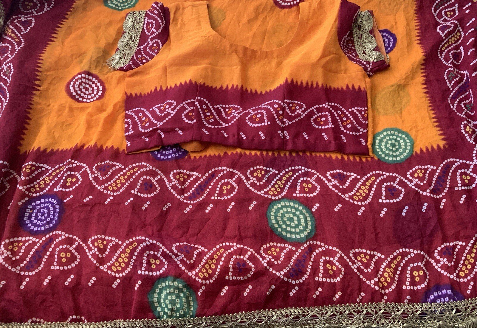 Orange and Dark Maroon/Red Tie and Dye Crepe Saree with Gold Lace Border