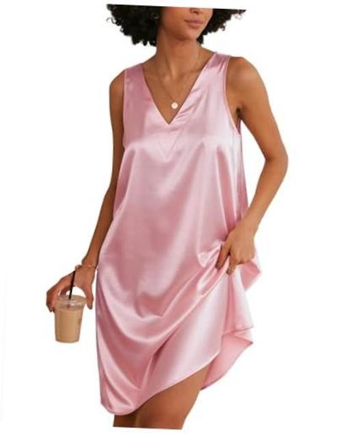 Women’s Satin Silk Nightgown V Neck Nightie Tank Sleepshirt Large Pink
