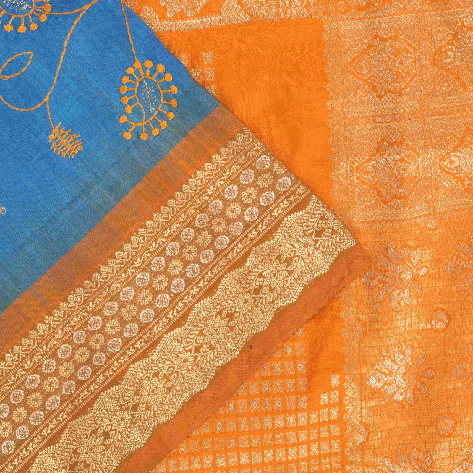 Sanskriti Vintage Blue Pure Silk Saree Brocade Zari Handwoven & Embroidery 5.5Yd