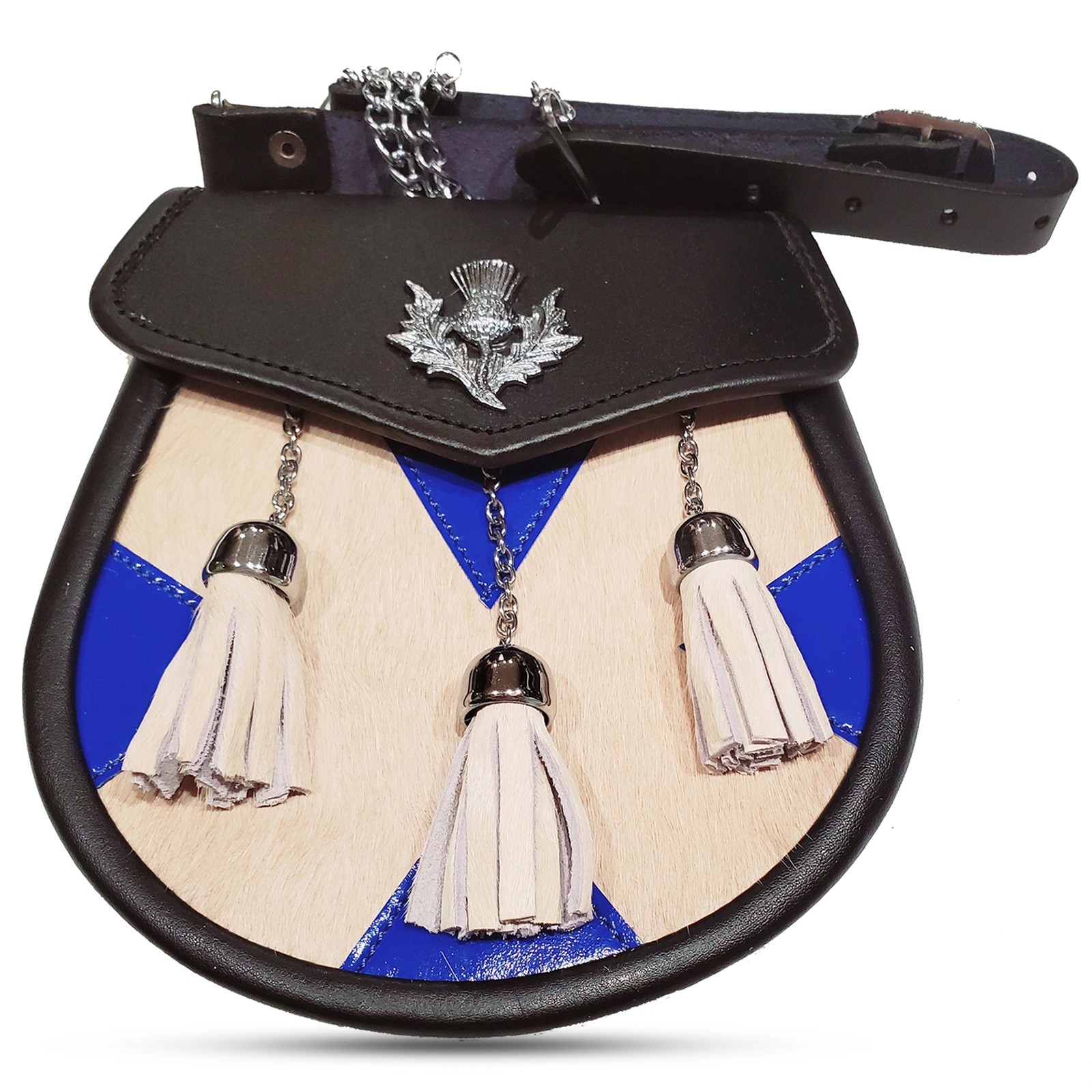 Scottish Handmade Real Leather Kilt Sporran Scottish Flag Design w/ Chain Belt