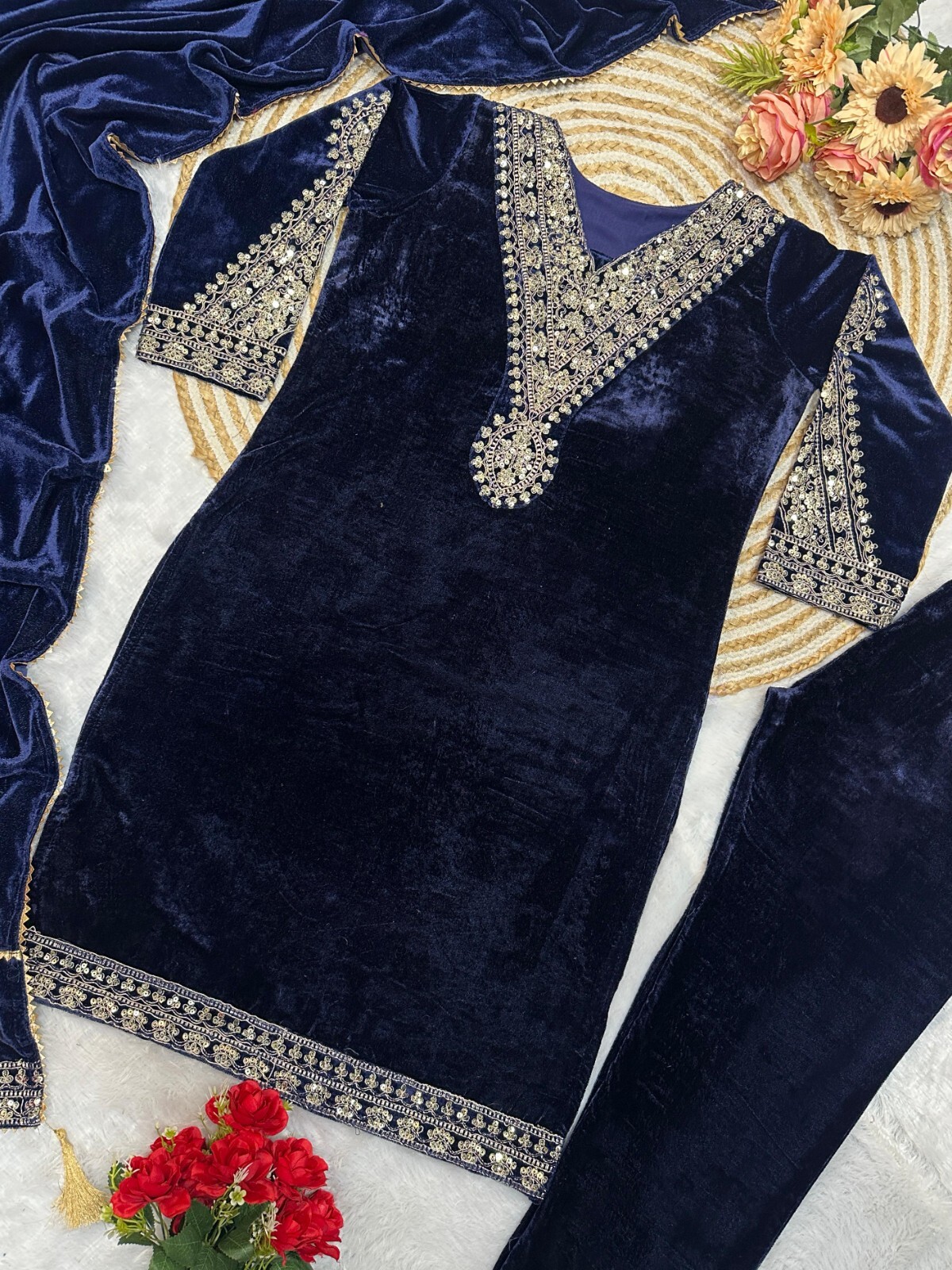 Premium Velvet Kurta Palazzo Dupatta Set Embroidery Sequence Work Kurti Pant Set