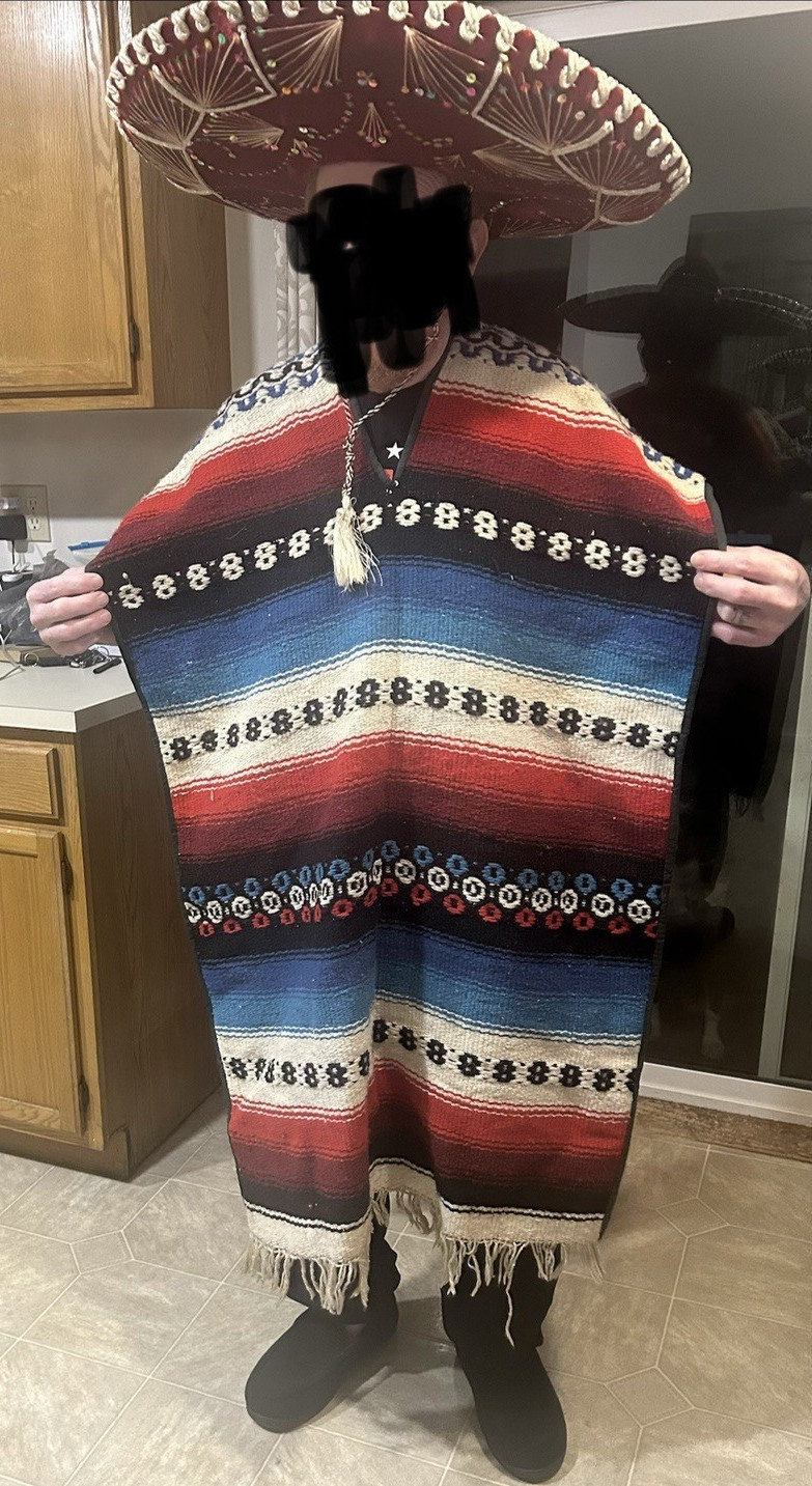 Traditional Multi-Color Mexican Poncho and Red Sombrero Costume Set Unisex Adult