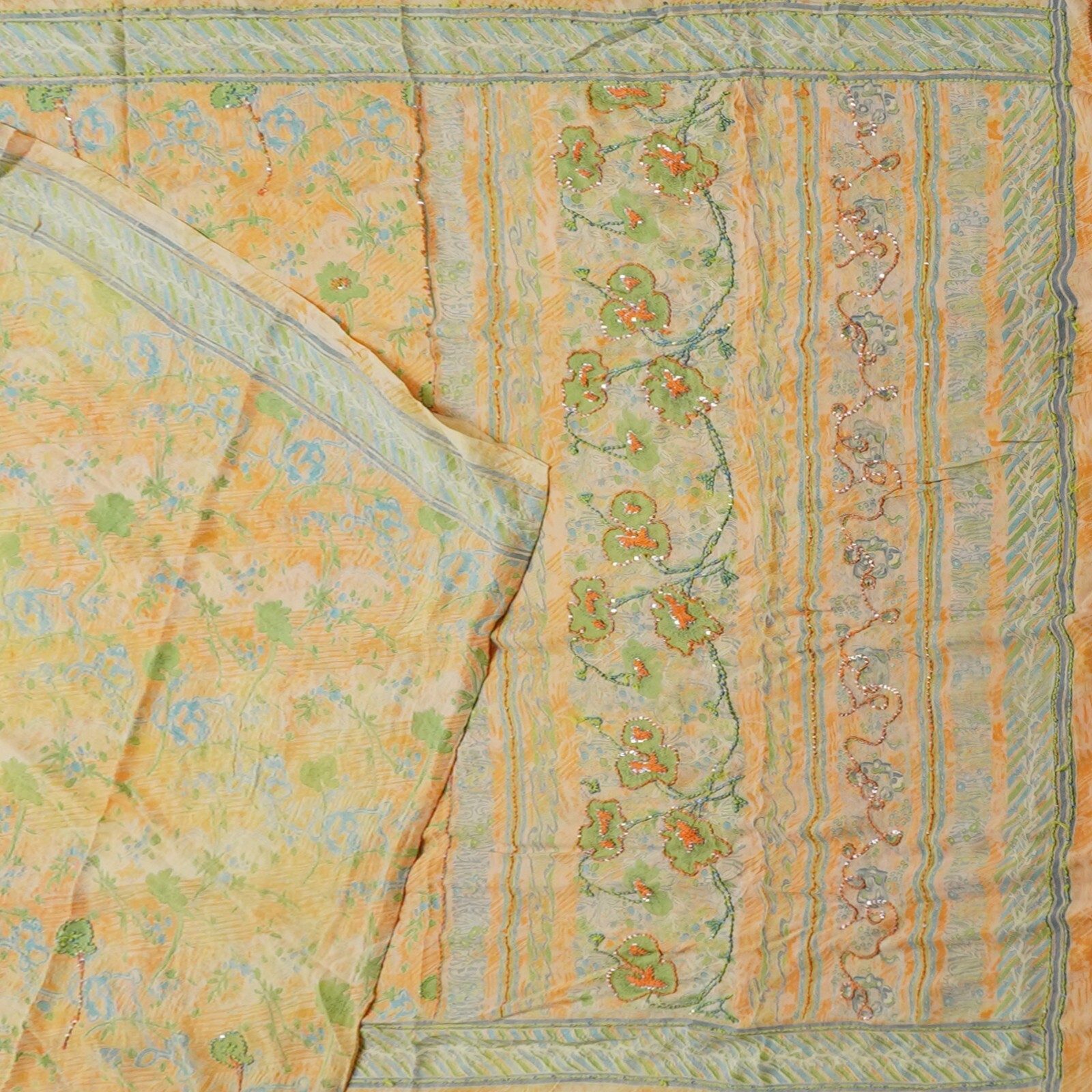 Vintage Pale Orange Sarees 100% Pure Crepe Silk Hand Embroidered Sari 5YD Fabric