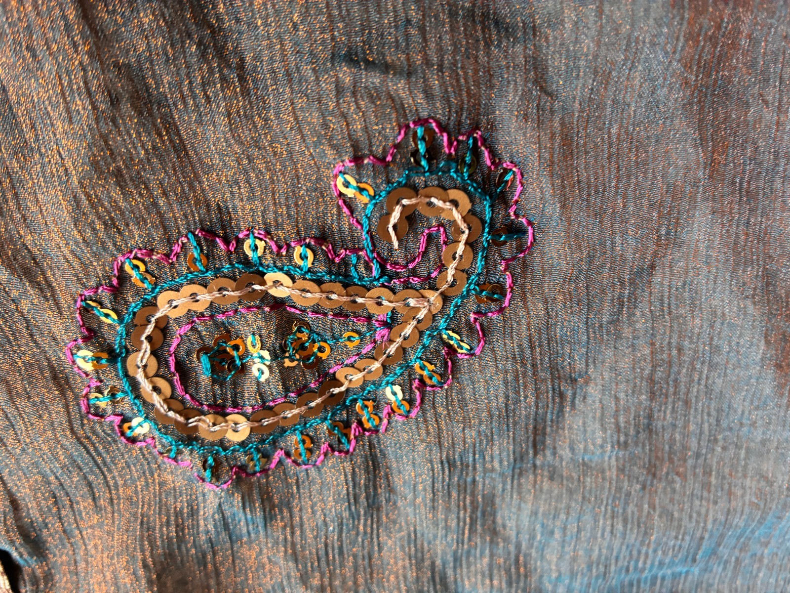 Two tone Iridescent Rust and Blue Sari with Blue Embroidered Flowers and Sequins