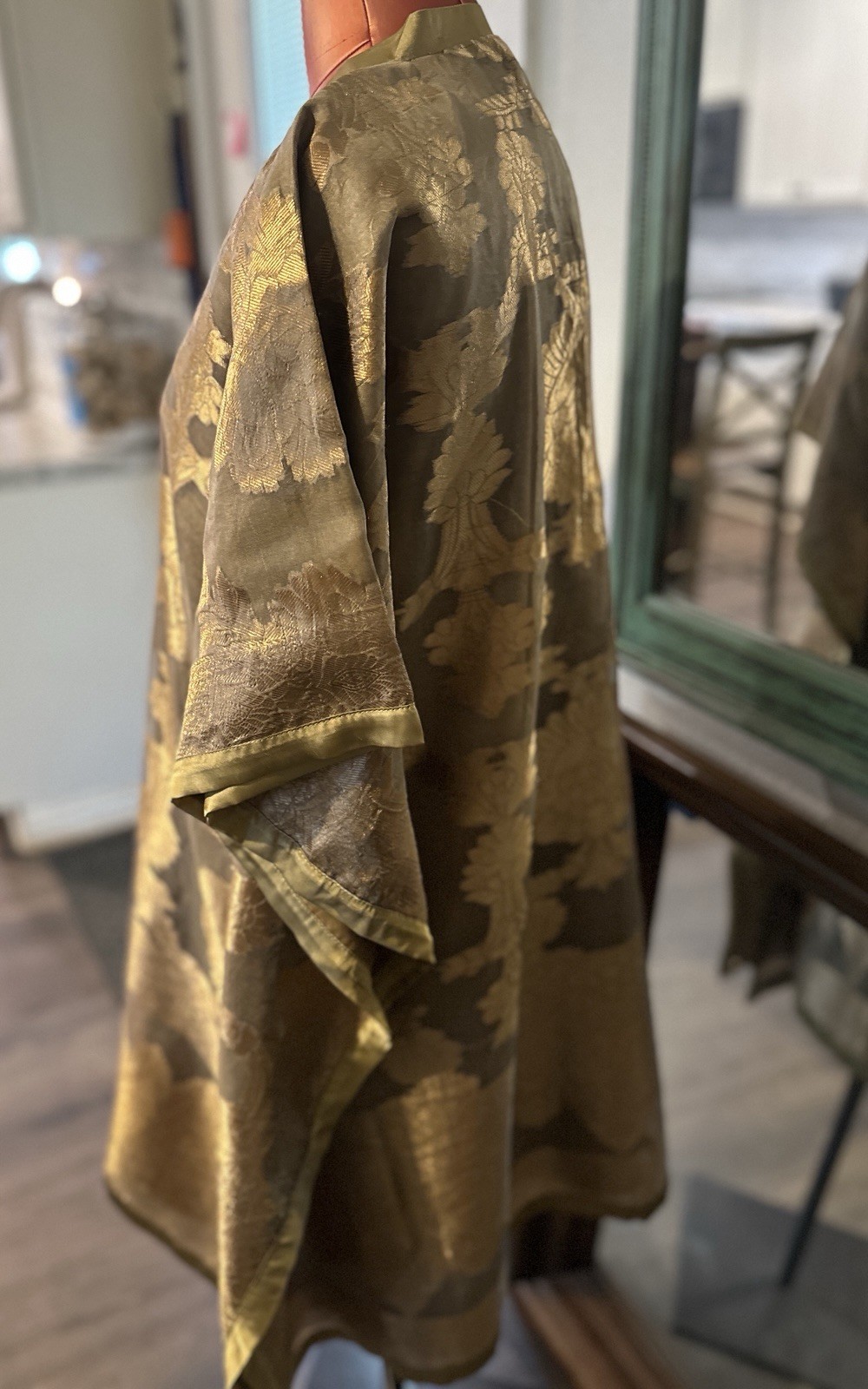 Gold & Beige Floral Pakistani kaftan Tunic Top with Button Neckline