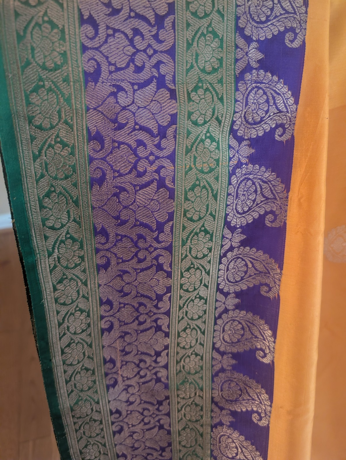 Handmade Silk Banarasi Orange Green Purple Gold Saree Paisley Brocade Border