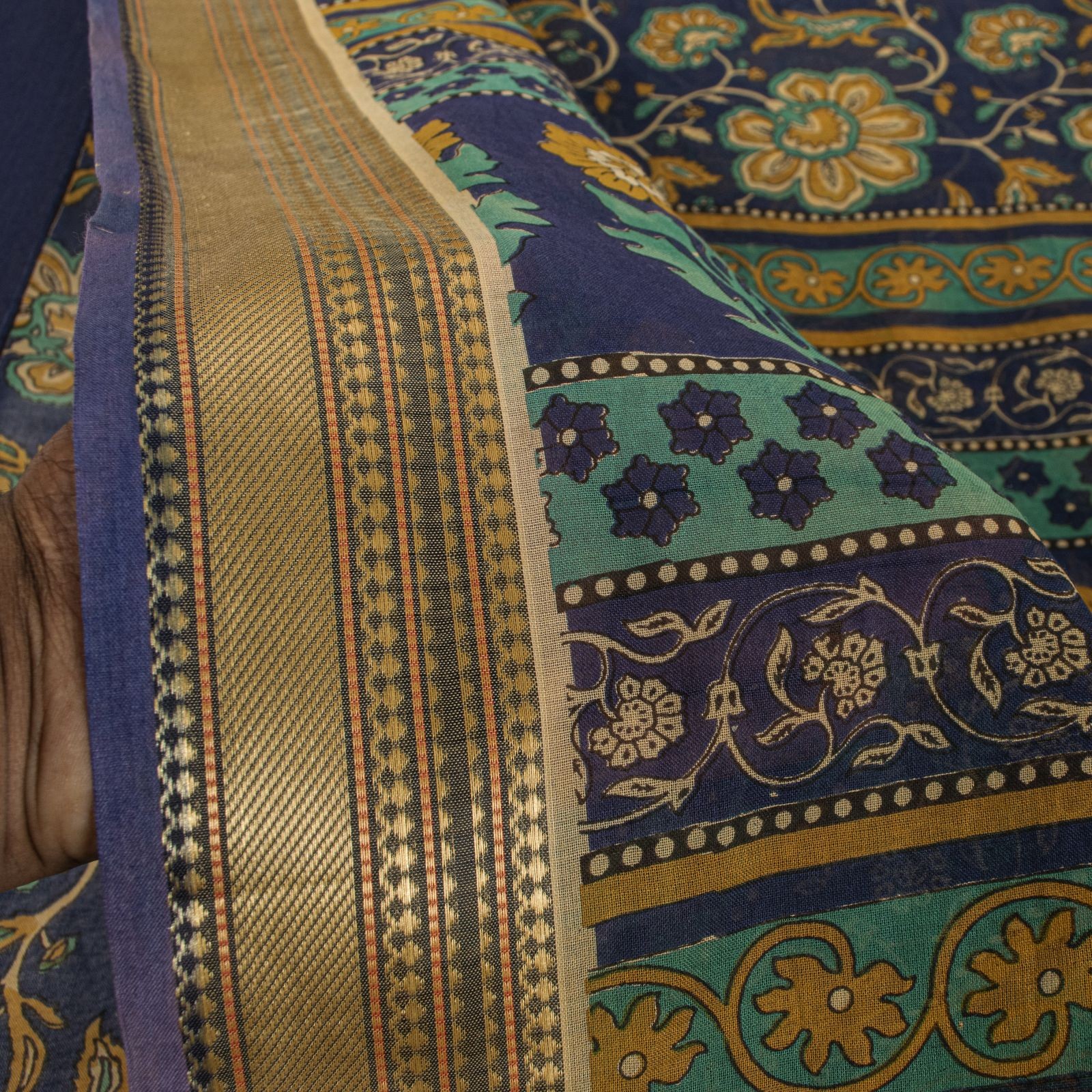 Sanskriti Vintage Saree Blue Pure Cotton Kalamkari Print Sari 5+Yd Craft Fabric