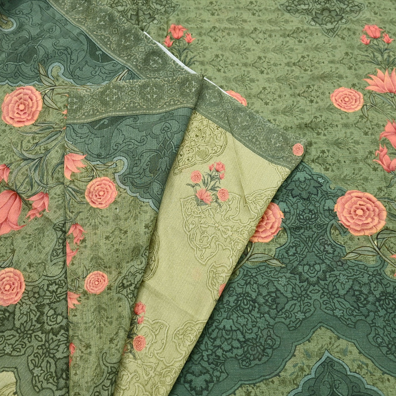Indian Vintage Sari Green Blend Silk Woven Digital Printed Saree Craft Fabric 5y
