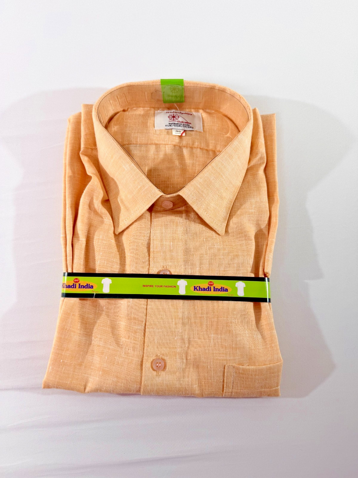 Khadi India Shirt Men Size 46 Handwoven Cotton Linen Style Peach Kurta Dress Shi