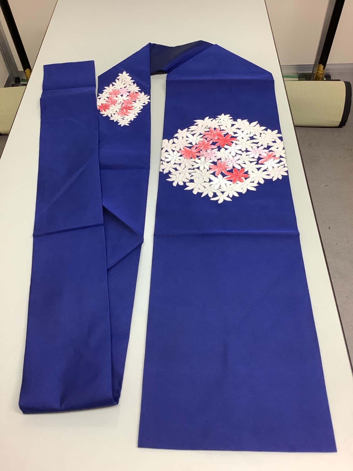Japanese Vintage Kimono Nagoya Obi polyester blue embroidery flower 138.5×11.8in