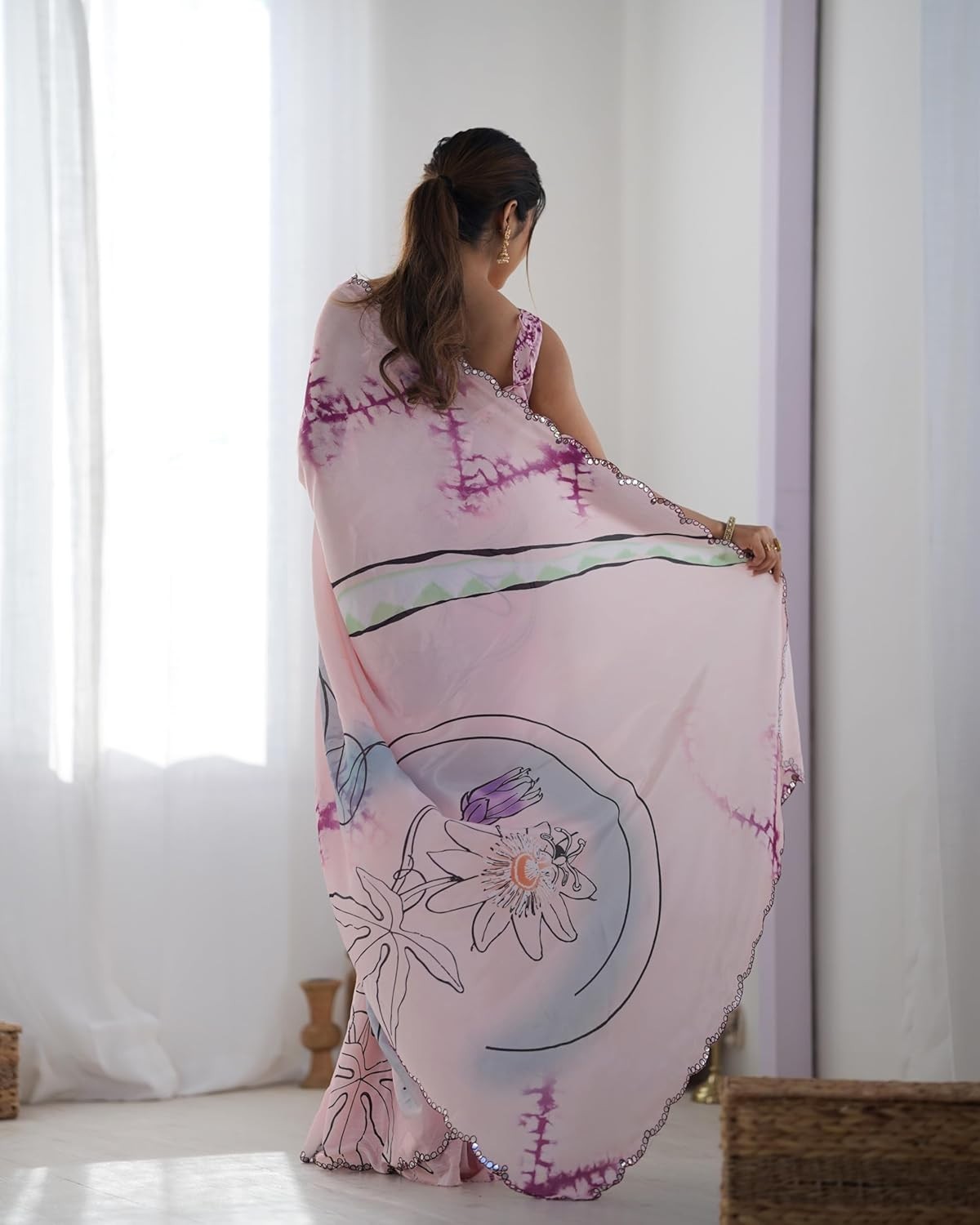 Women’s Chinon Digital Printed Saree with Unstitched Blouse Piece