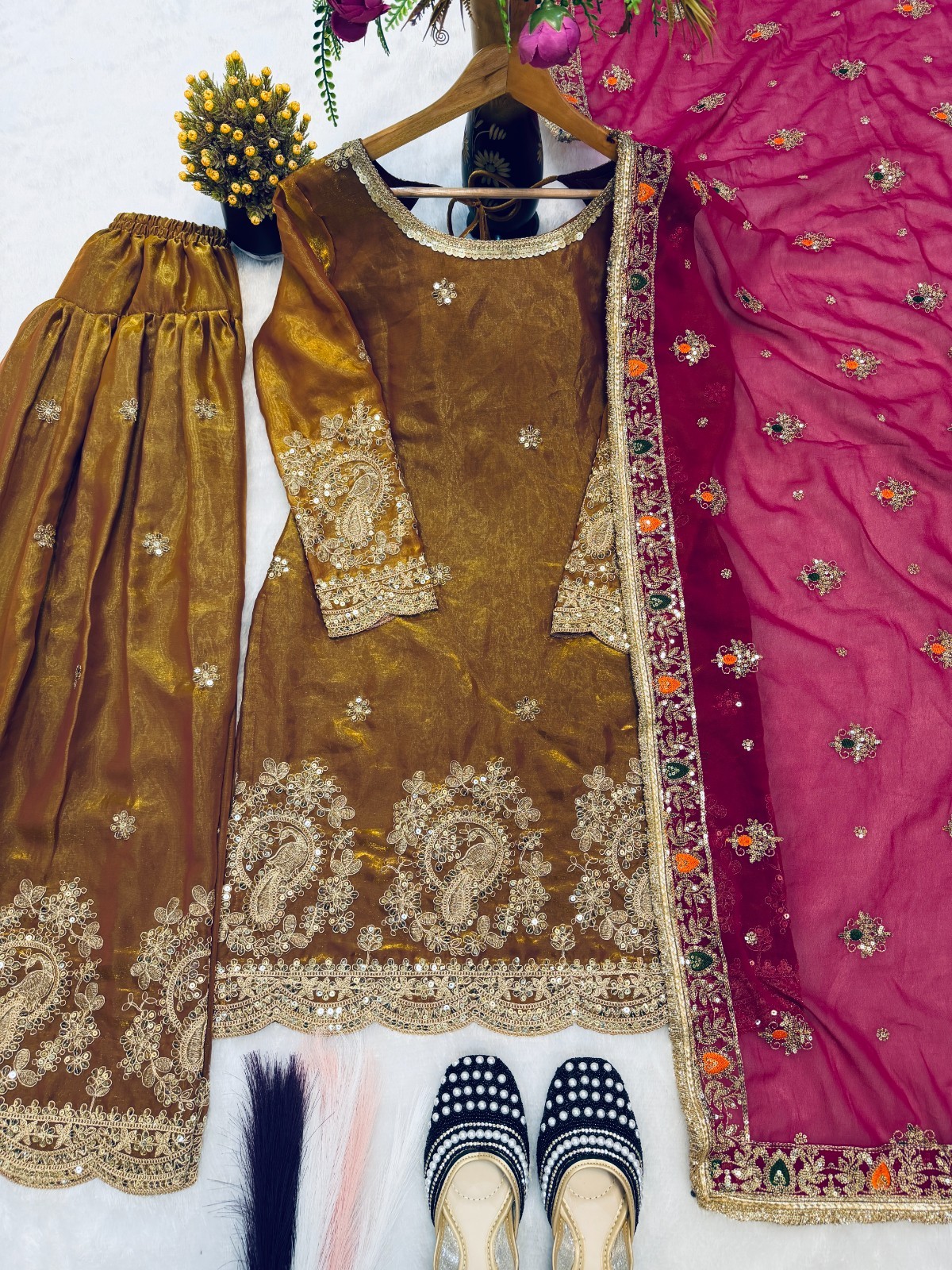 Presenting New Stylish Faux Georgette Top Dhoti With Dupatta For Reception Wear