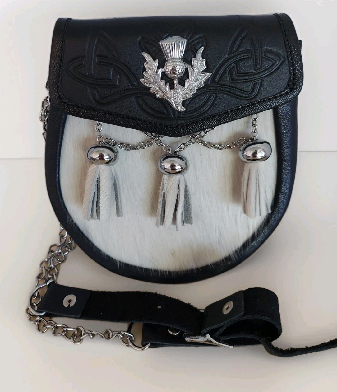 Celtic Design Sporran Shoulder Bag White Fur Black Leather Chain & Leather Strap