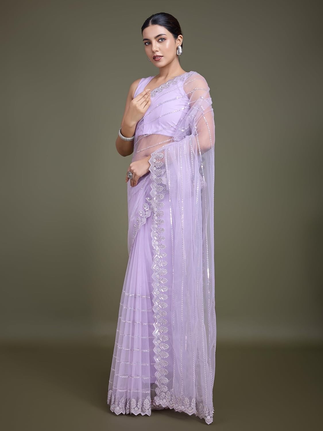 Women’s Sequin Work Soft Net Fancy Look Saree With Unstitched Blouse Piece