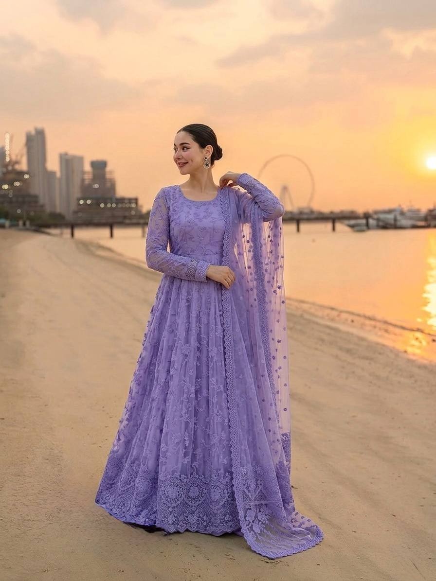 New Beautiful Lavender Faux Georgette Gown Bottom With Dupatta For Festive