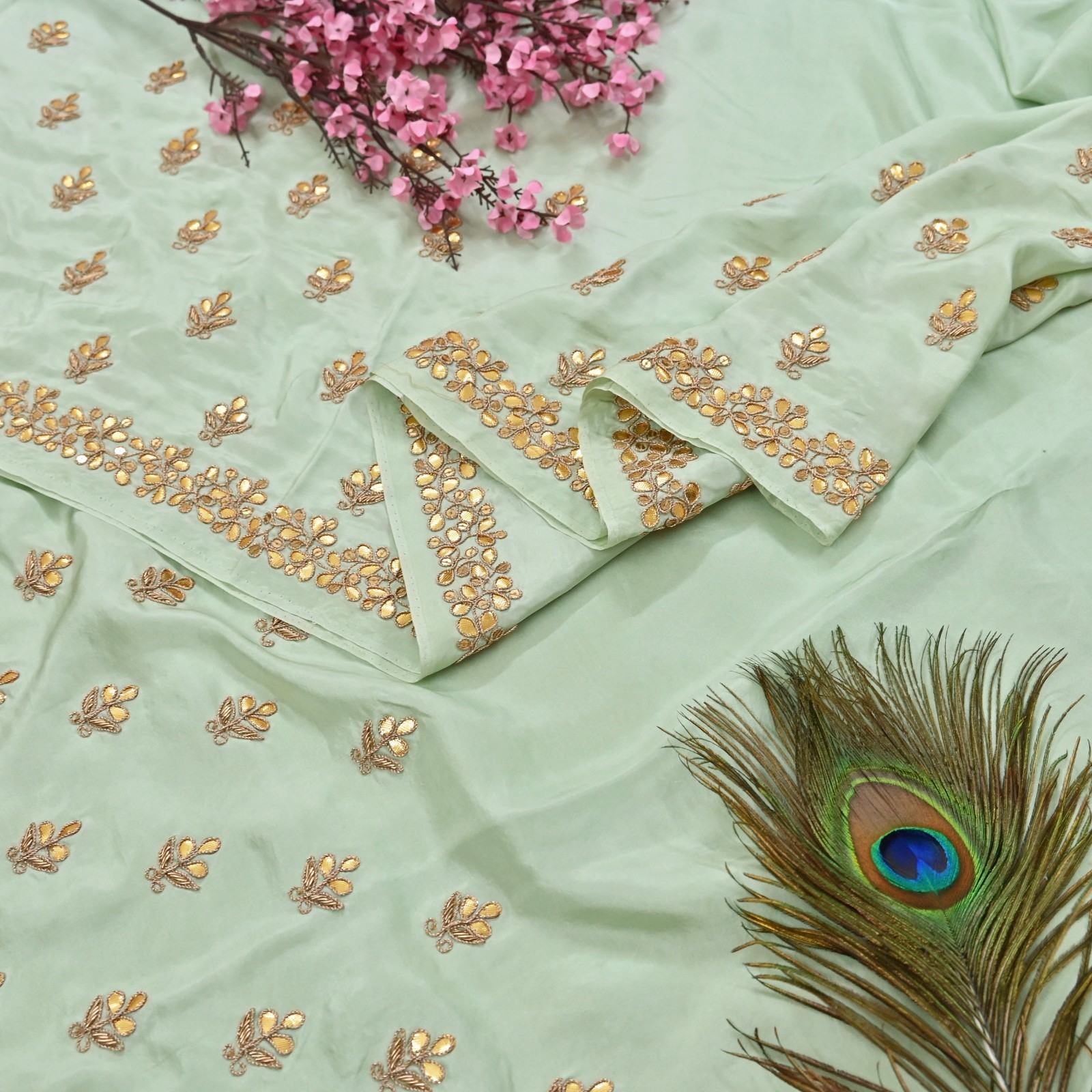 Rare Vintage Pista Green Pure Silk Zardozi Gota Hand Embroidered Designer Saree