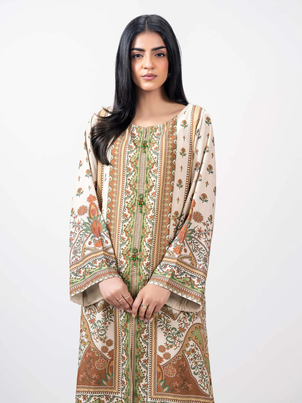 Pakistani Beige 2 Pcs printed grip Dress ,M
