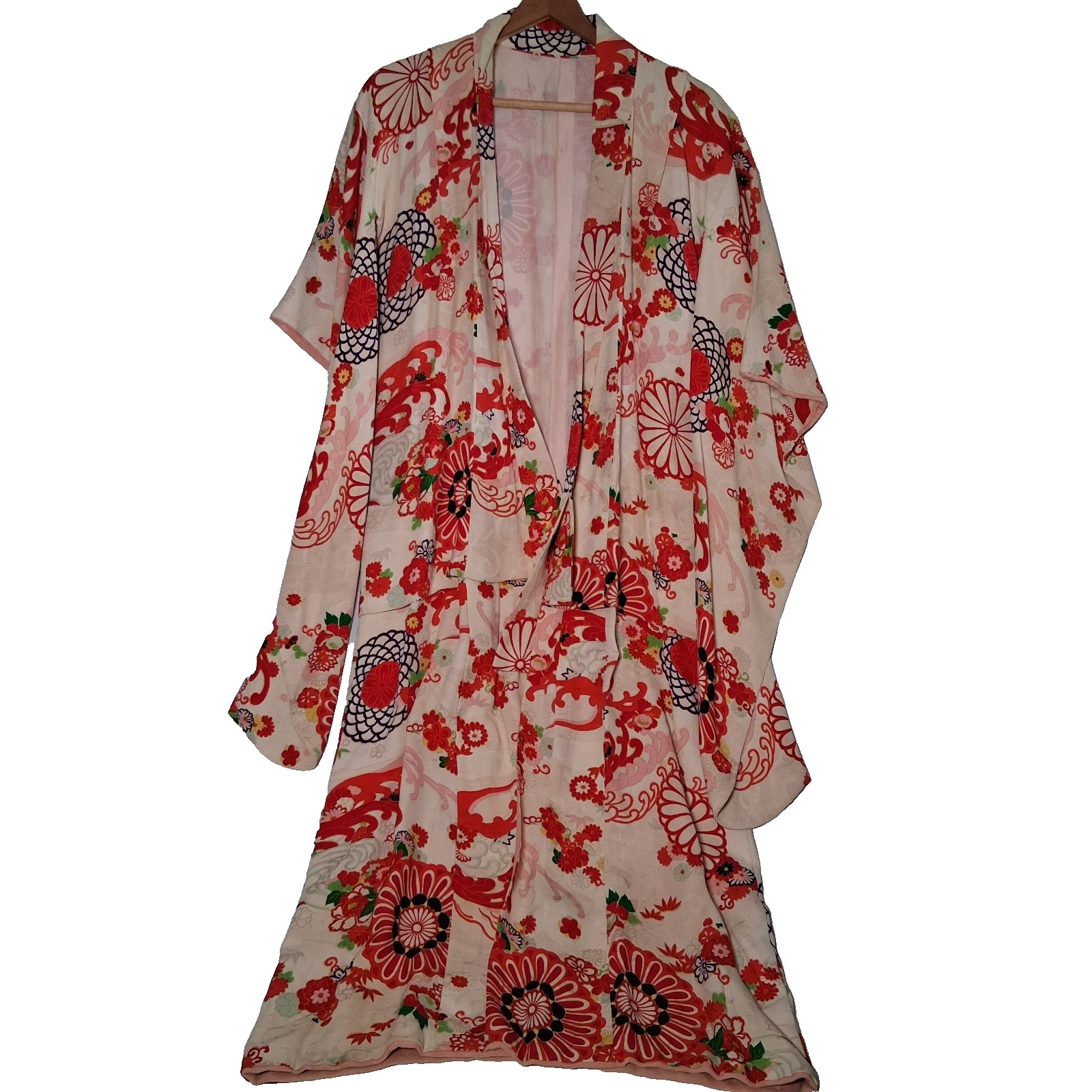 Vintage Handmade Silk Kimono Robe Cream Red Floral Traditional Ethnic READ
