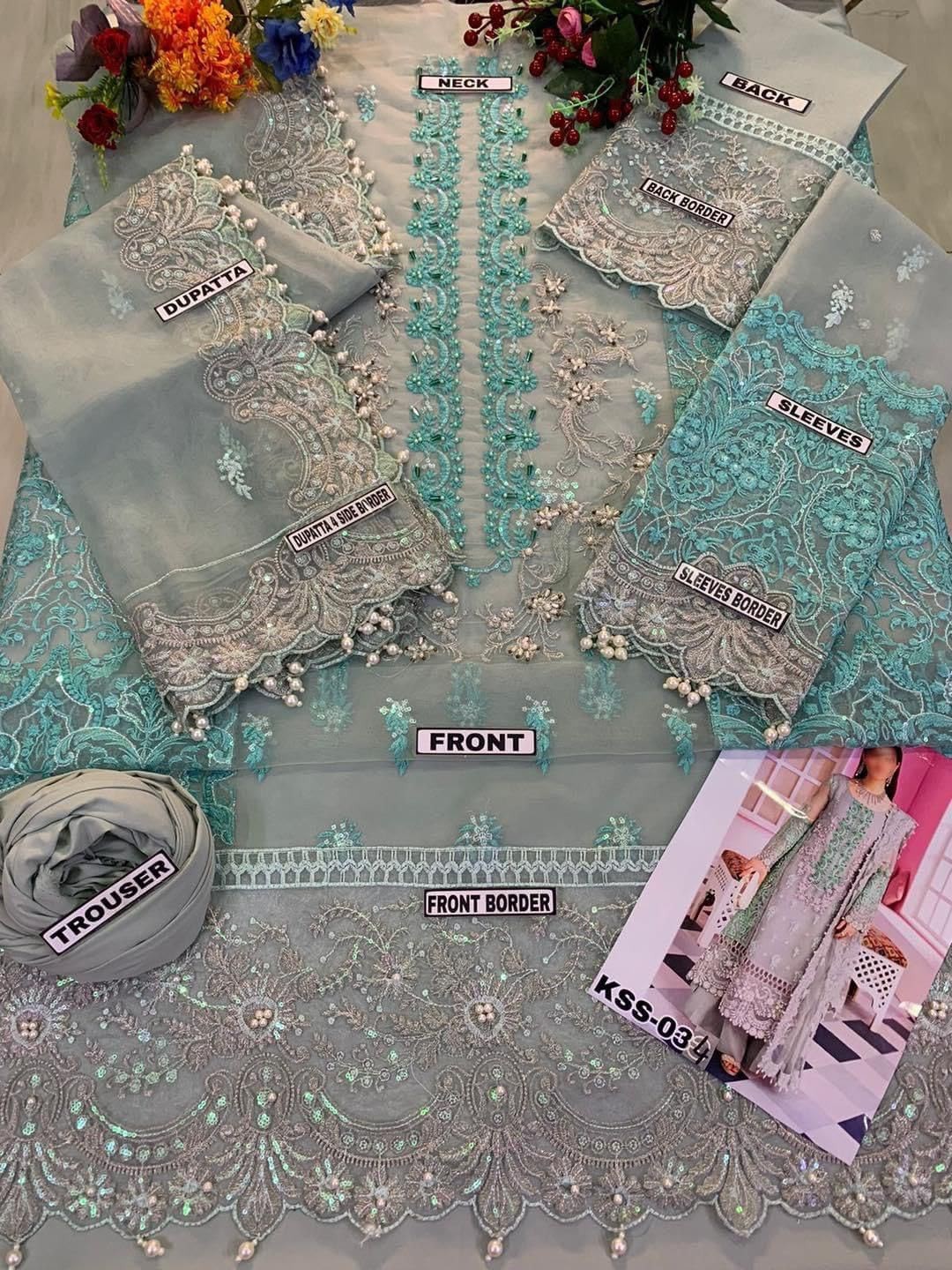 Pakistani Organza Embroidered 3Pc Suit Stone Work Wedding Party Dress Unstitched