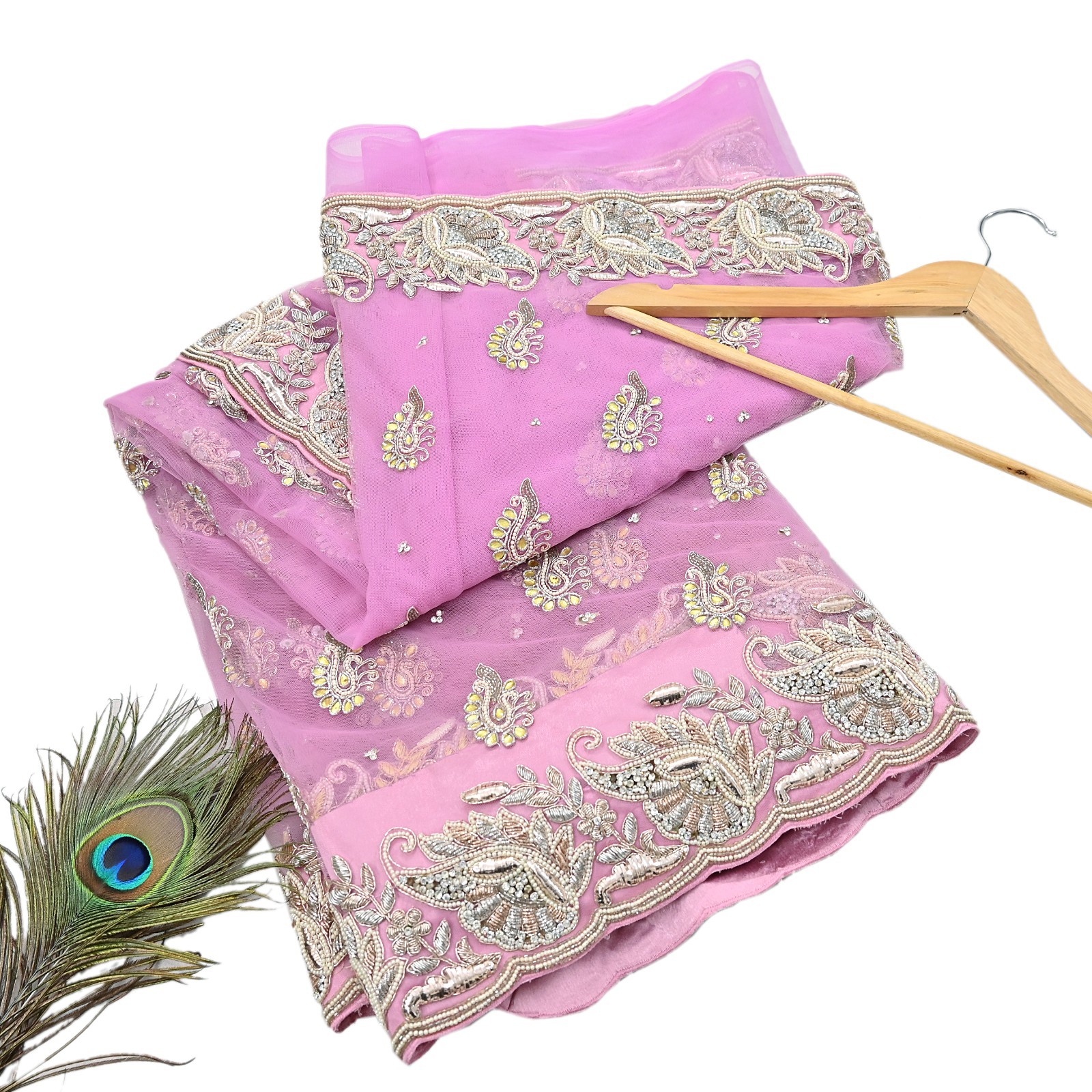 Indian Vintage Sari Pink Net/Mesh Hand Embroidered Anamika Khanna Designer Saree