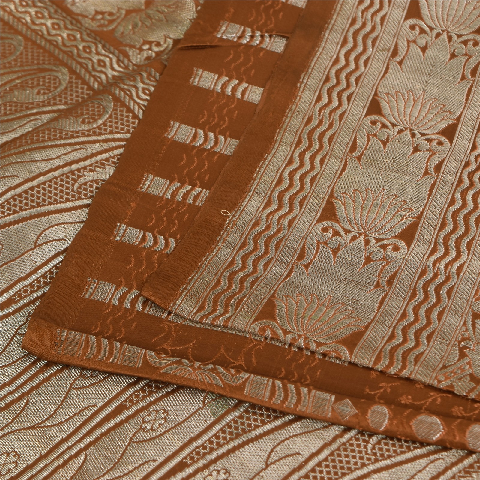 Sanskriti Vintage Brown Saree Pure Satin Silk Brocade/Banarasi Woven Sari Fabric