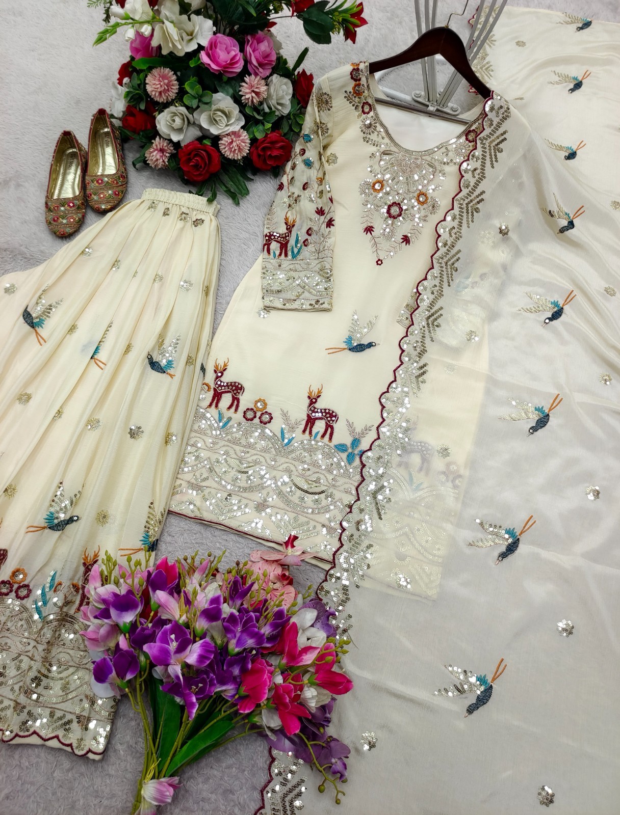 New Chinon Silk Off White Top Palazzo With Dupatta For Reception Wear