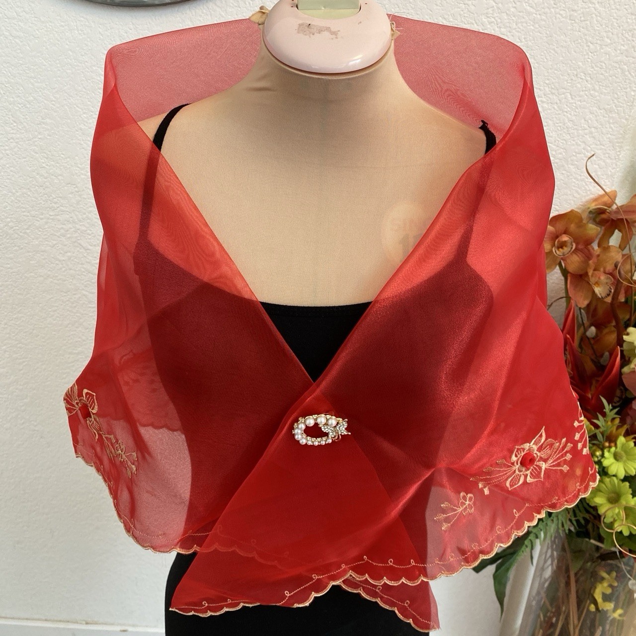 Filipiniana Red Embroidered Organza Shawl with Decorative Brooch