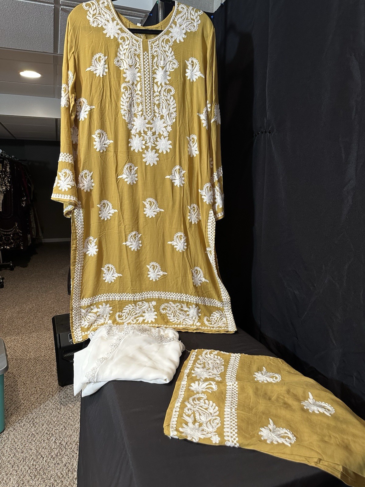 Beautiful soft linen Front & back emb-3 pc suit-emb plazo, laced dupatta-$40