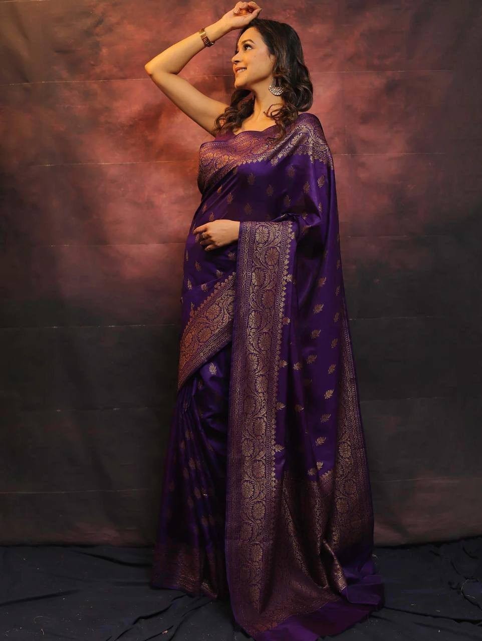 Wedding Wear Purple Lichi Silk Saree with Golden Jacquard Pallu & Blouse indian