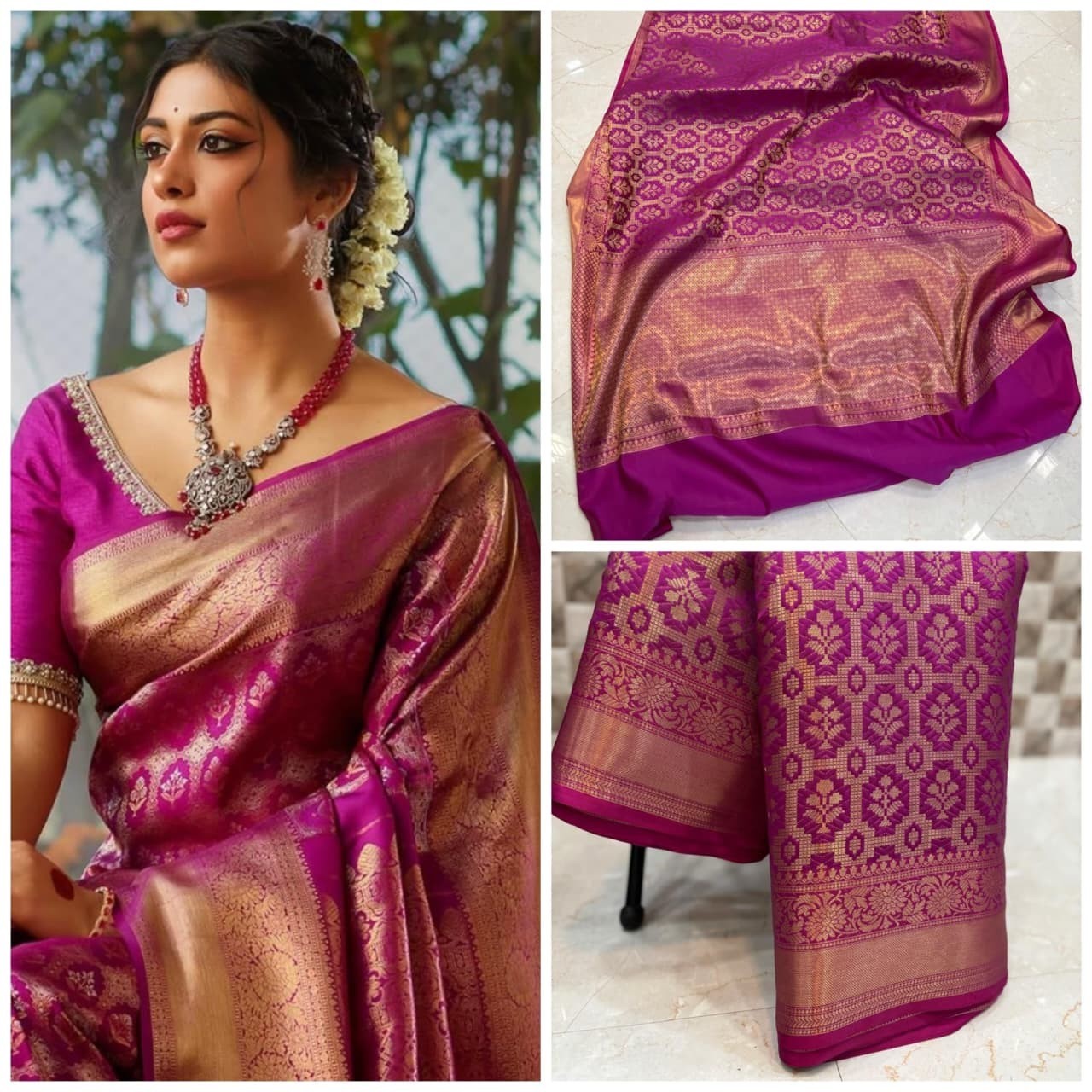 Banarasi Silk Saree Semi Katan Zari Weaving Jaal Traditional Women Sari Border