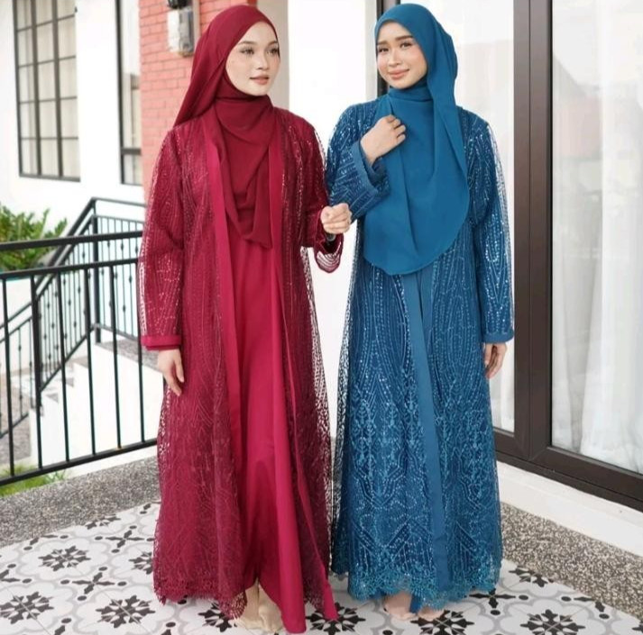 Exclusive Blue Colour Muslim Women Prayer Lace Abaya with Inner Jubah (2 in 1)