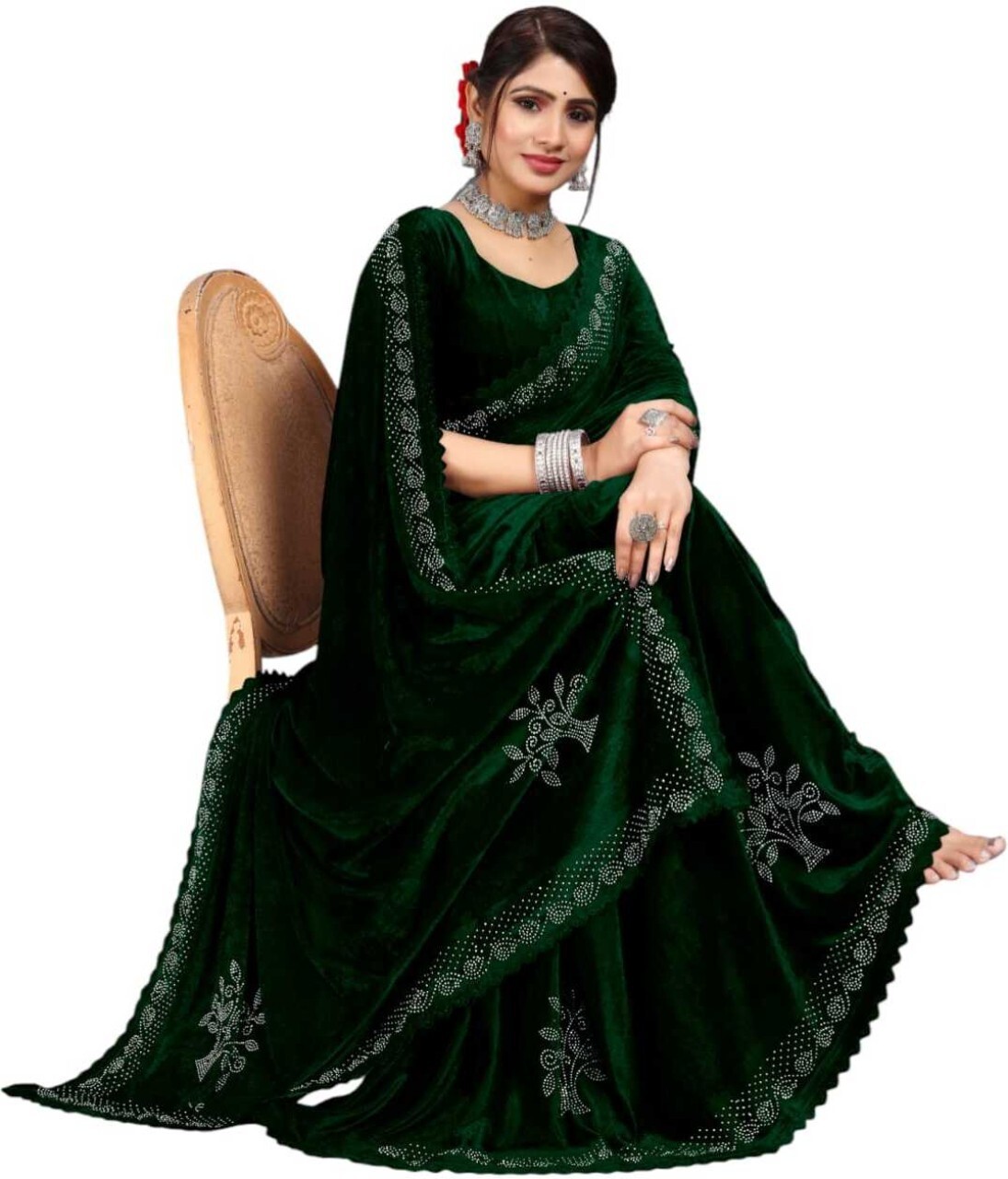 Embroidered Bollywood Velvet Saree (Green)