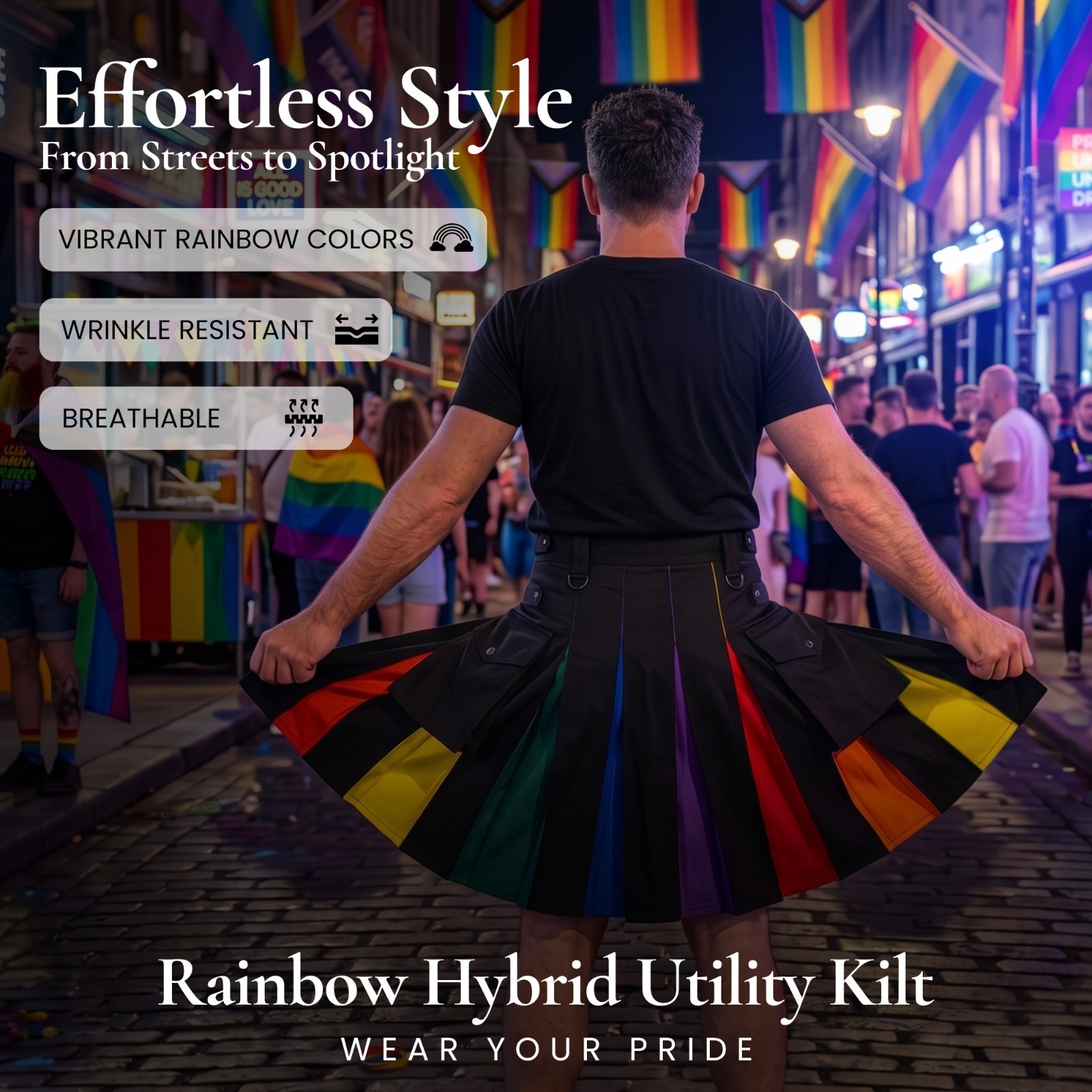 Hybrid Utility Kilts for Men Scottish Traditional Kilt with Flashes (Rainbow)