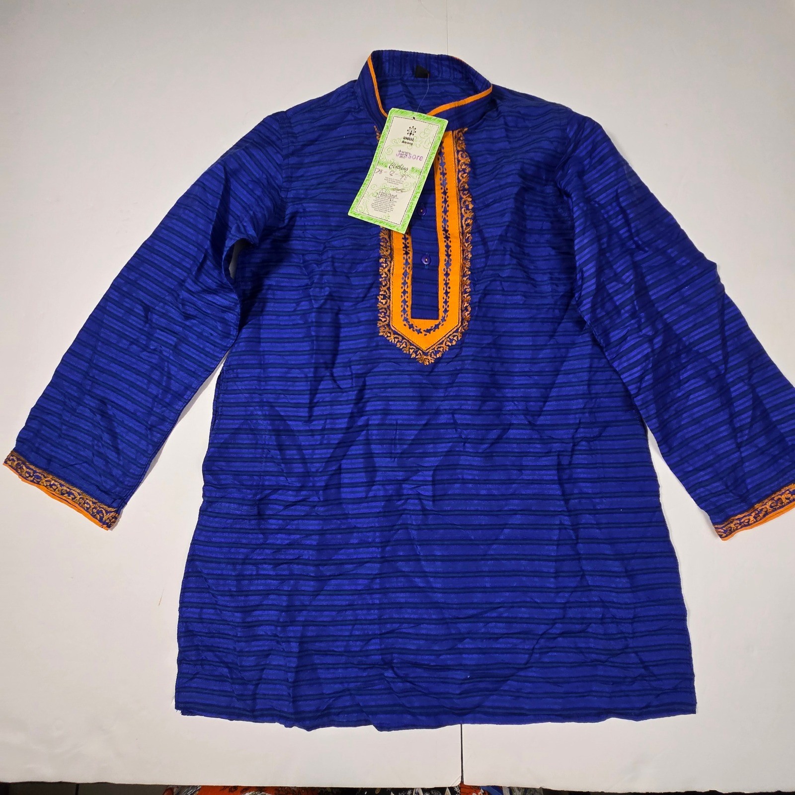 Vintage Aarong Bangladesh Boy Kurta Silk Cotton Blend Blue Orange Embroidered