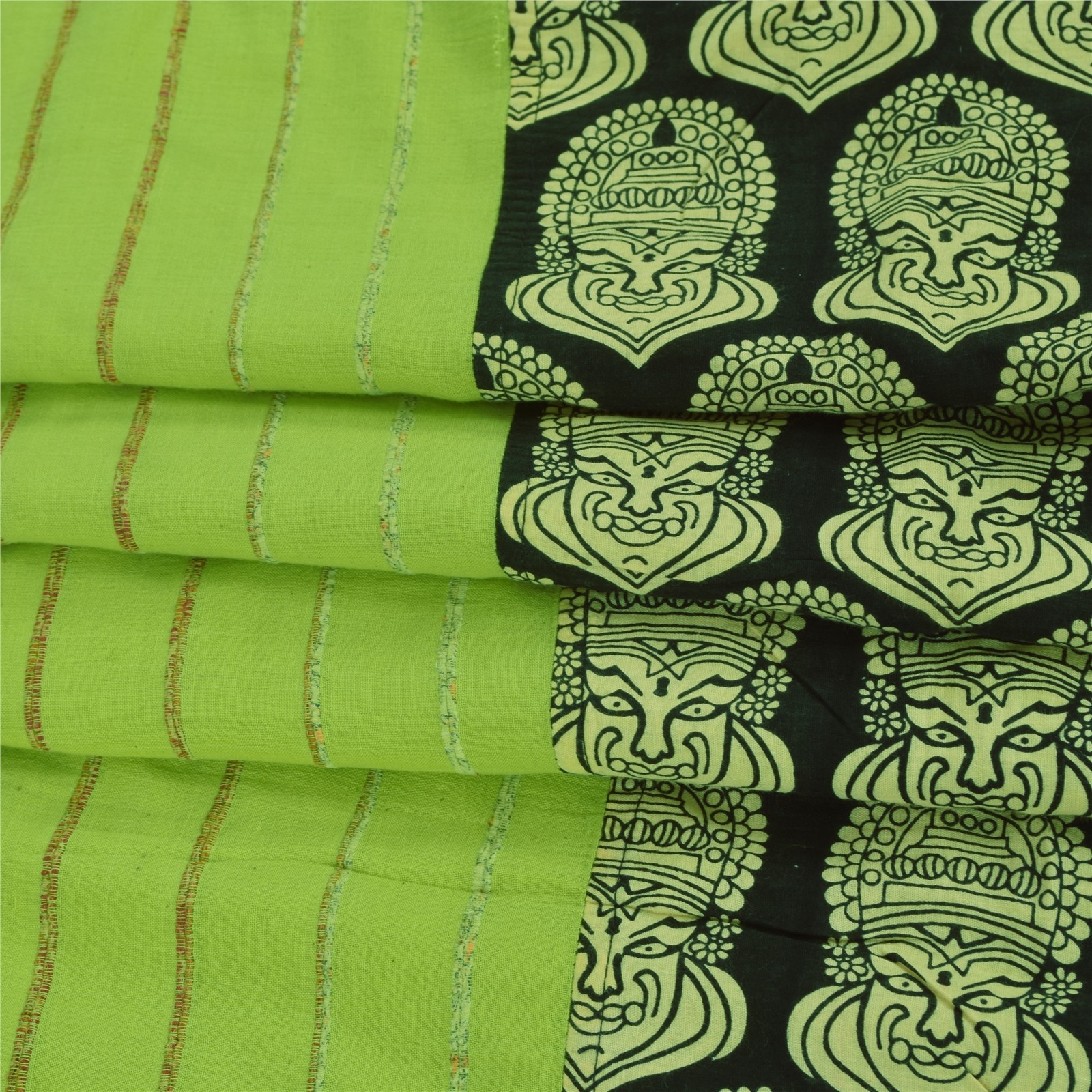 Sanskriti Vintage Sarees Pure Cotton Hand Block Print Kathakali Sari 5+Yd Fabric