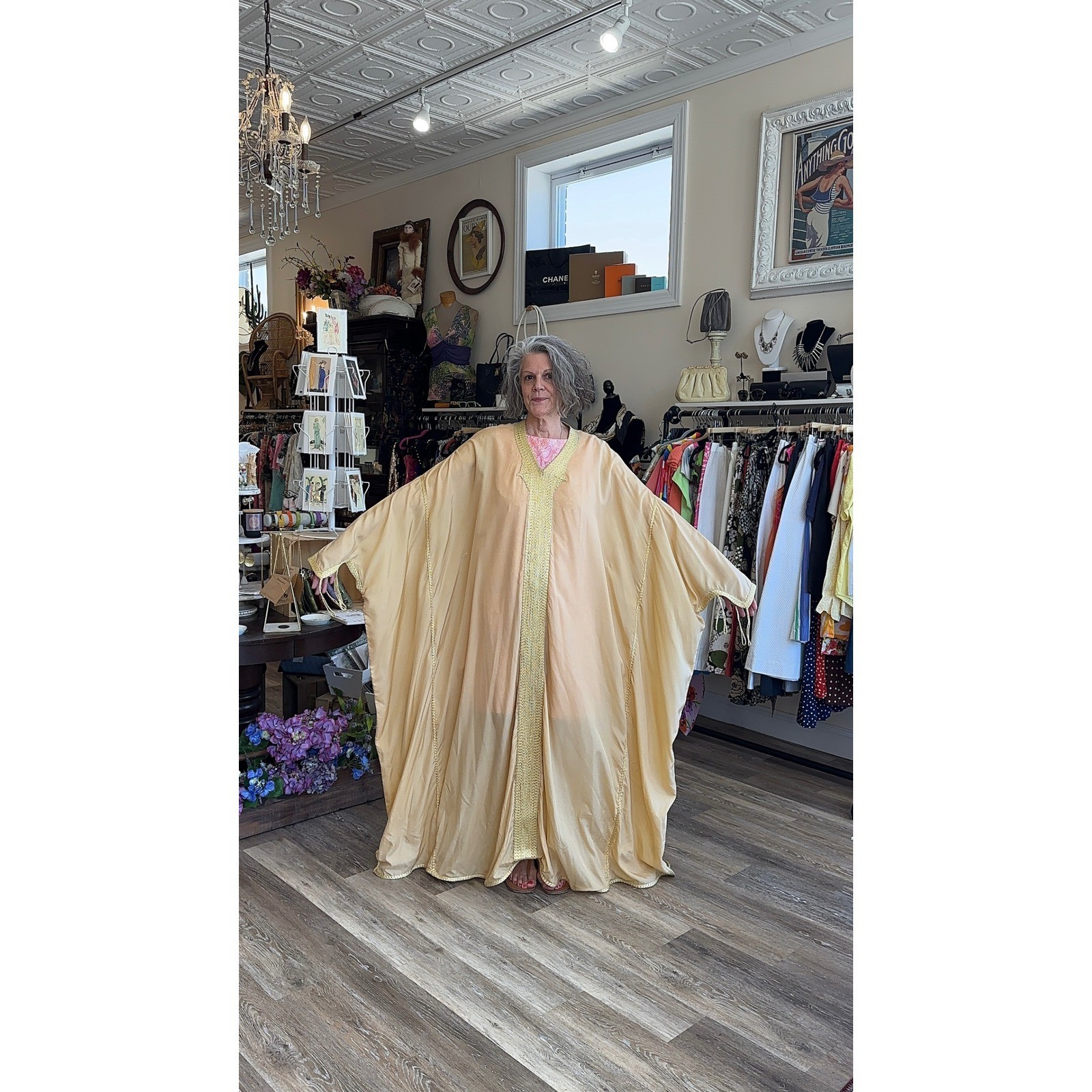 Vintage Gold Moroccan Kaftan Kimono with Embroidered Trim
