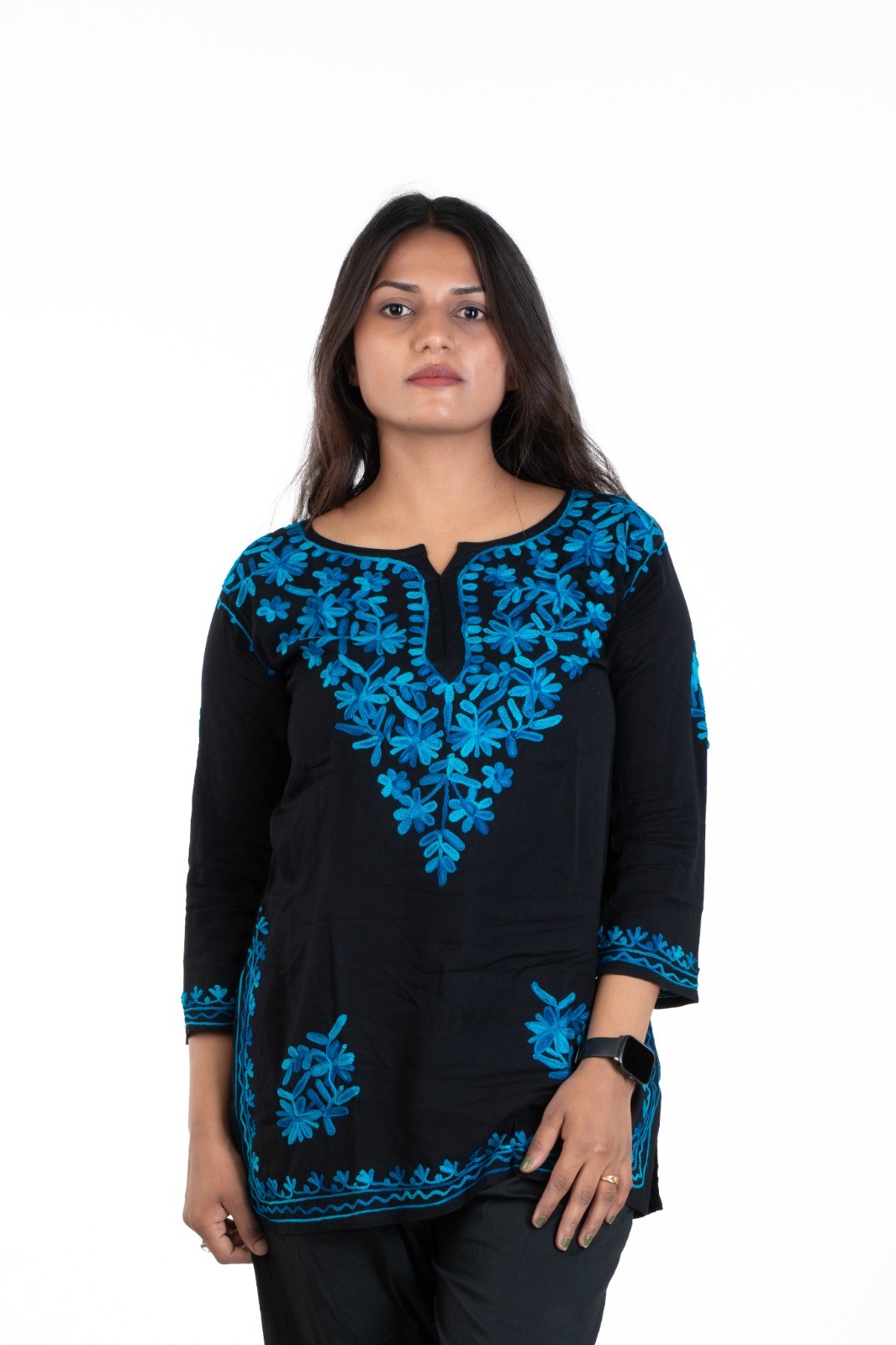 Black Cotton Kurti with Aari Embroidery | Boho Indian Tunic | Ethnic Top Women