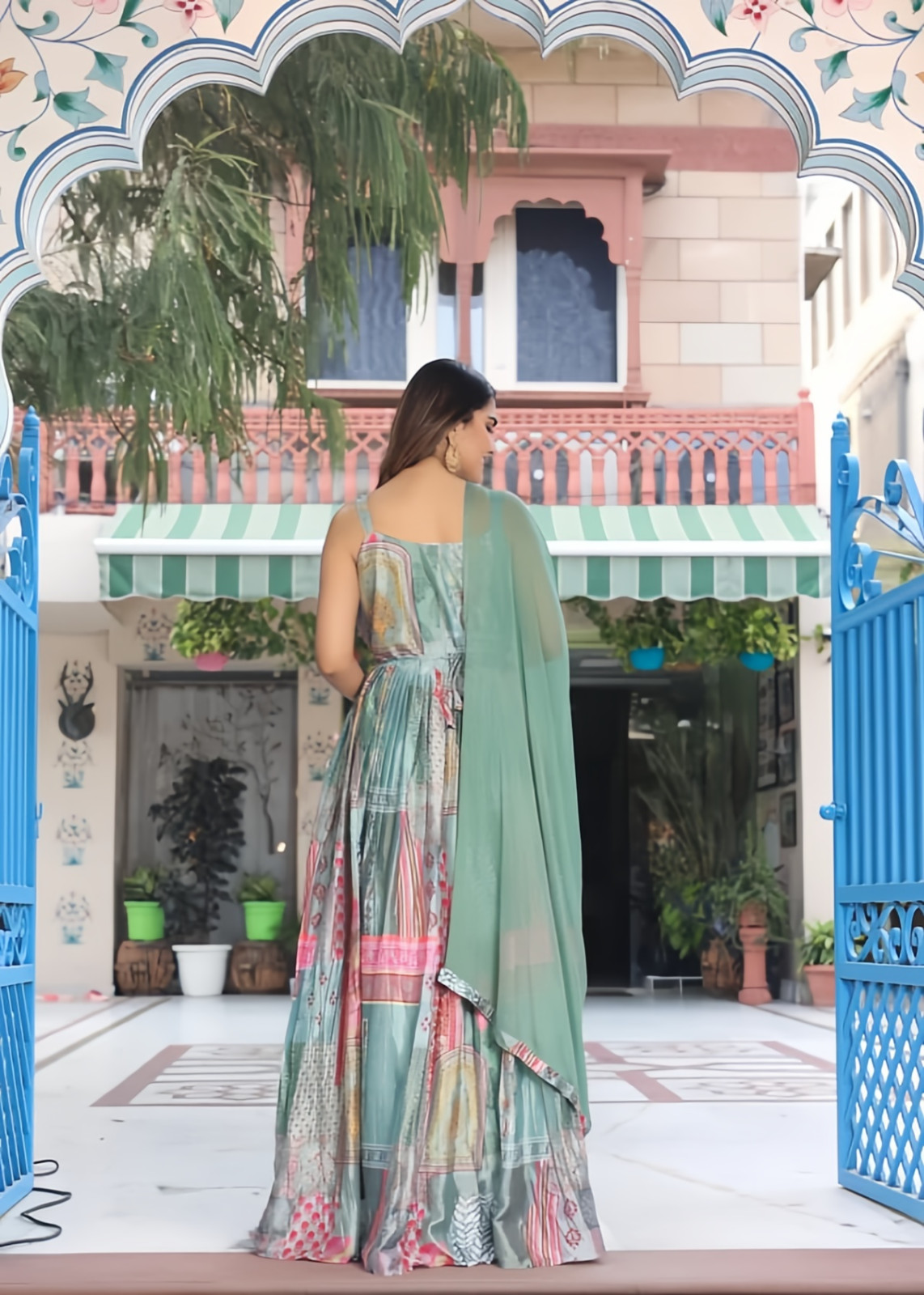 Traditional Indian Anarkali Gown Multicolour Patchwork Design Floor Length