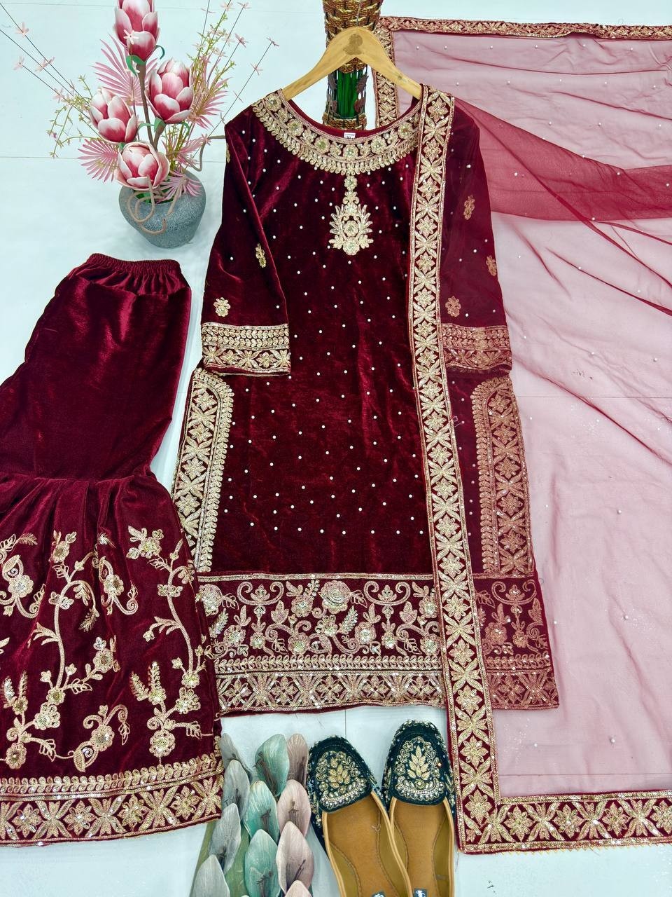 New Beautiful Maroon Heavy Velvet Top Palazzo With Dupatta For Wedding Wear