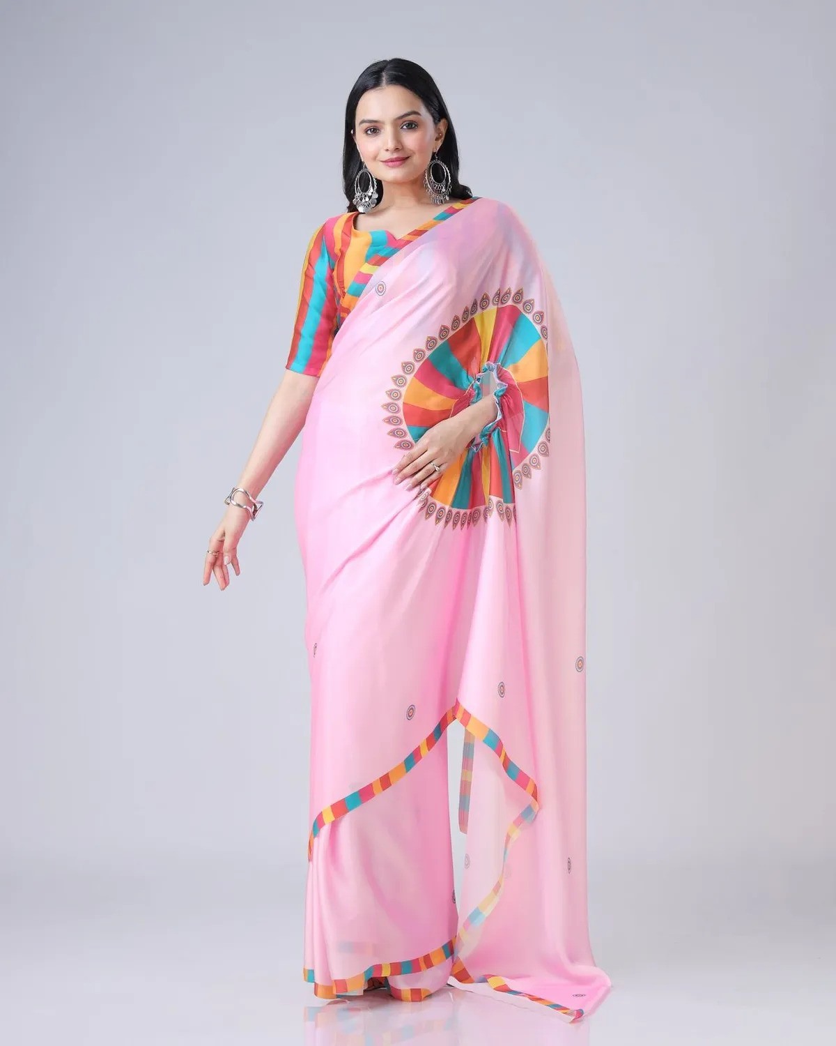 Women Pink Free Hand Mandala Art Print Satin Silk Saree with Unstitched Blouse