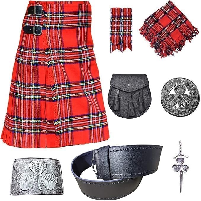 Scottish Traditional 8 Yards Tartan Kilt Outfit for Men (Royal Stewart, 50)