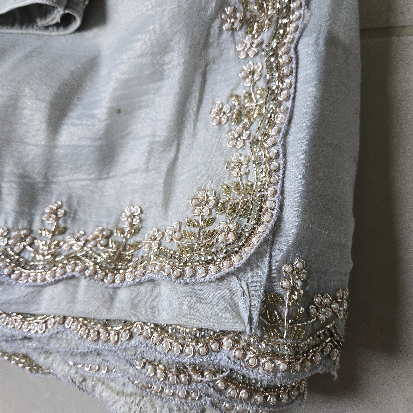 Ready to Wear Designer Modern Soft Organza Saree Shiny Gray Stitched Blouse S