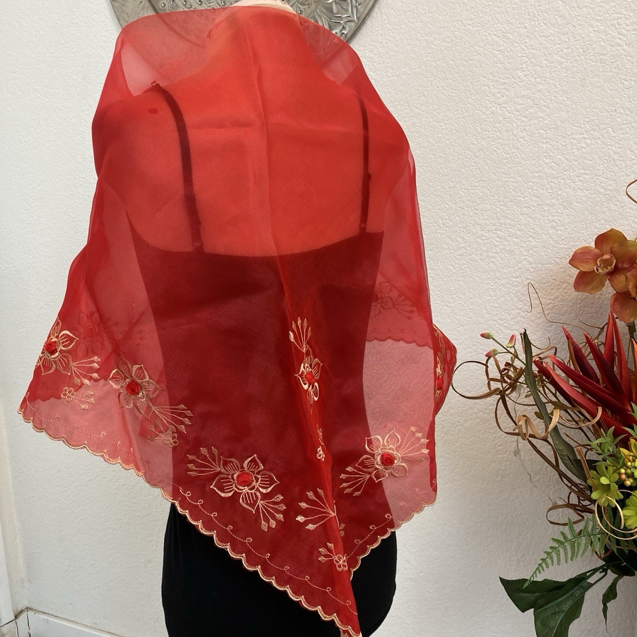 Filipiniana Red Embroidered Organza Shawl with Decorative Brooch