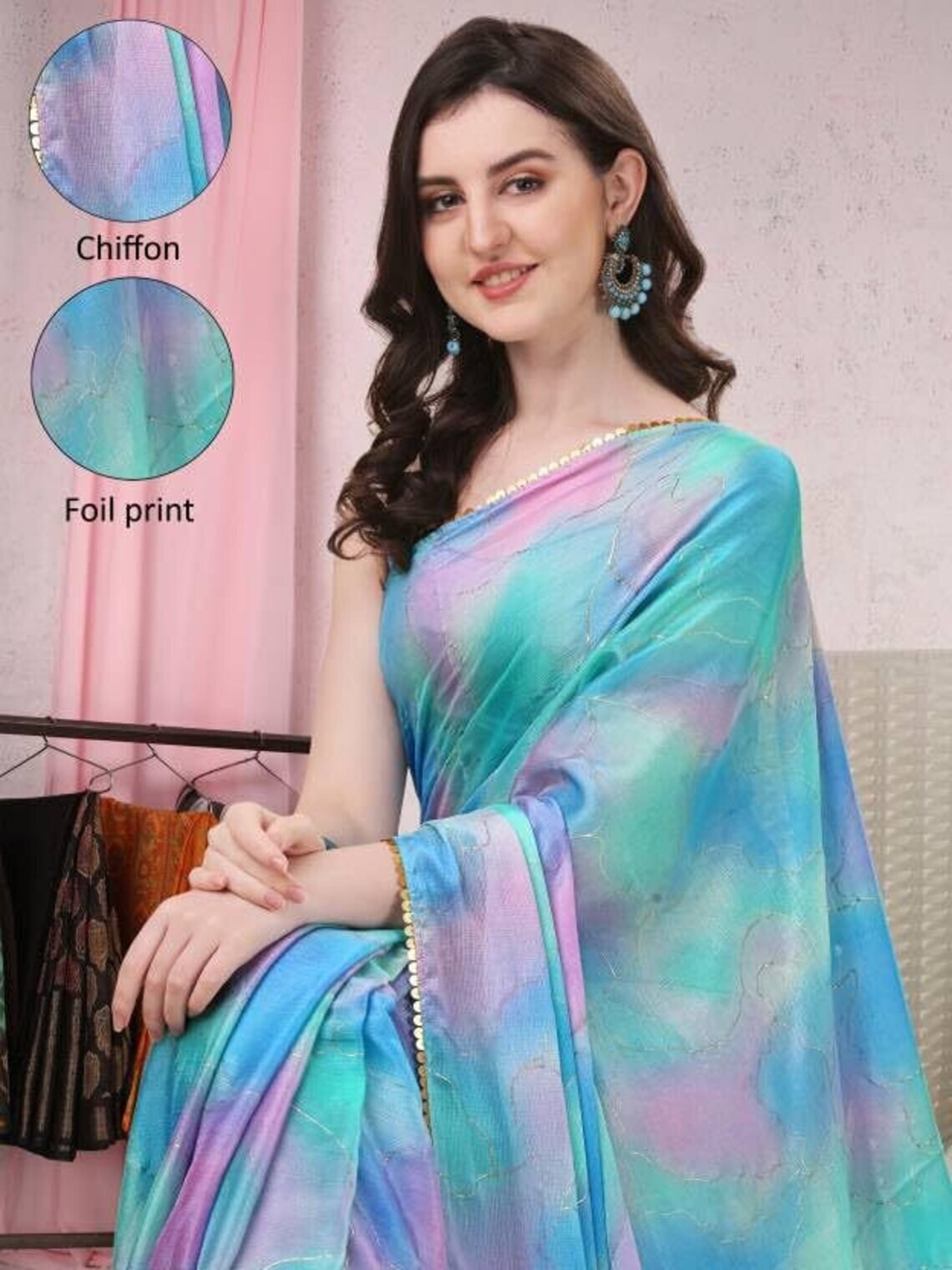 Printed, Color Block, Embellished Bollywood Chiffon Saree