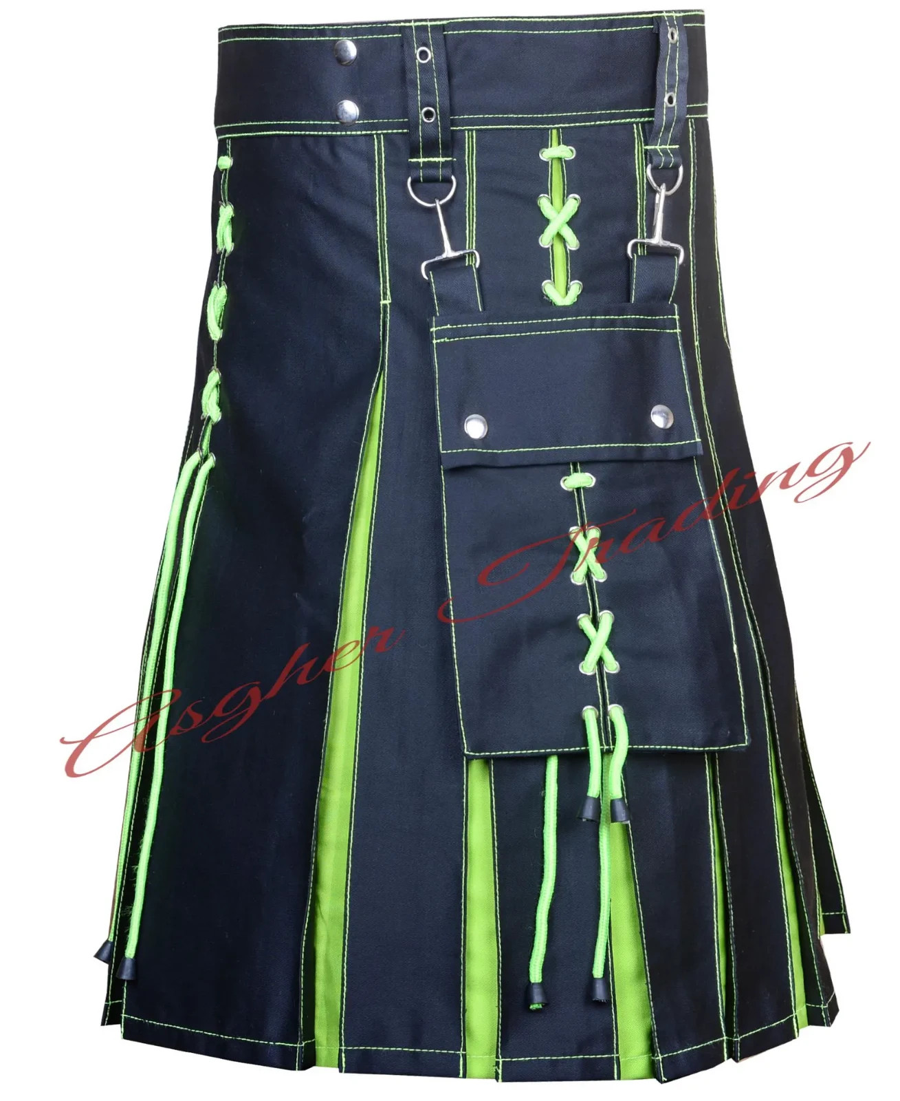 Handmade Black Cotton Hybrid Kilt: Neon Green Under pleats, Utility kilt For Men