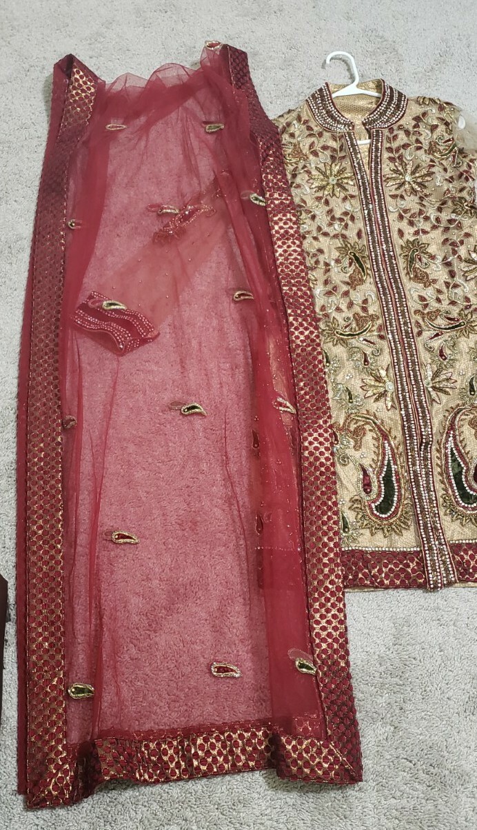 Indian bollywood Heavy Party suit in Gold And Maroon With bottom and net Dupatta
